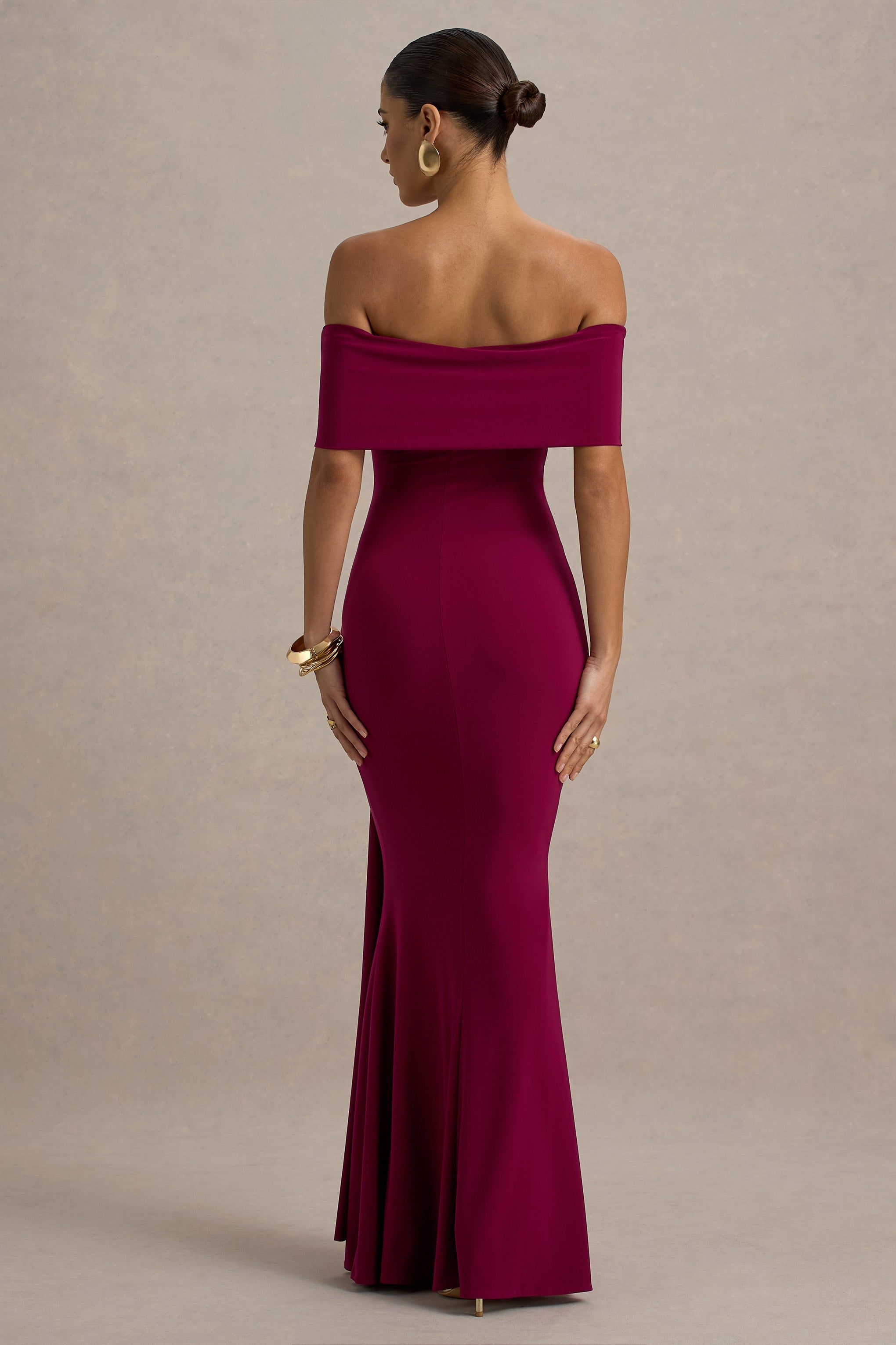Delma | Drapeli Detaylı Bordo Bardot Maxi Elbise
