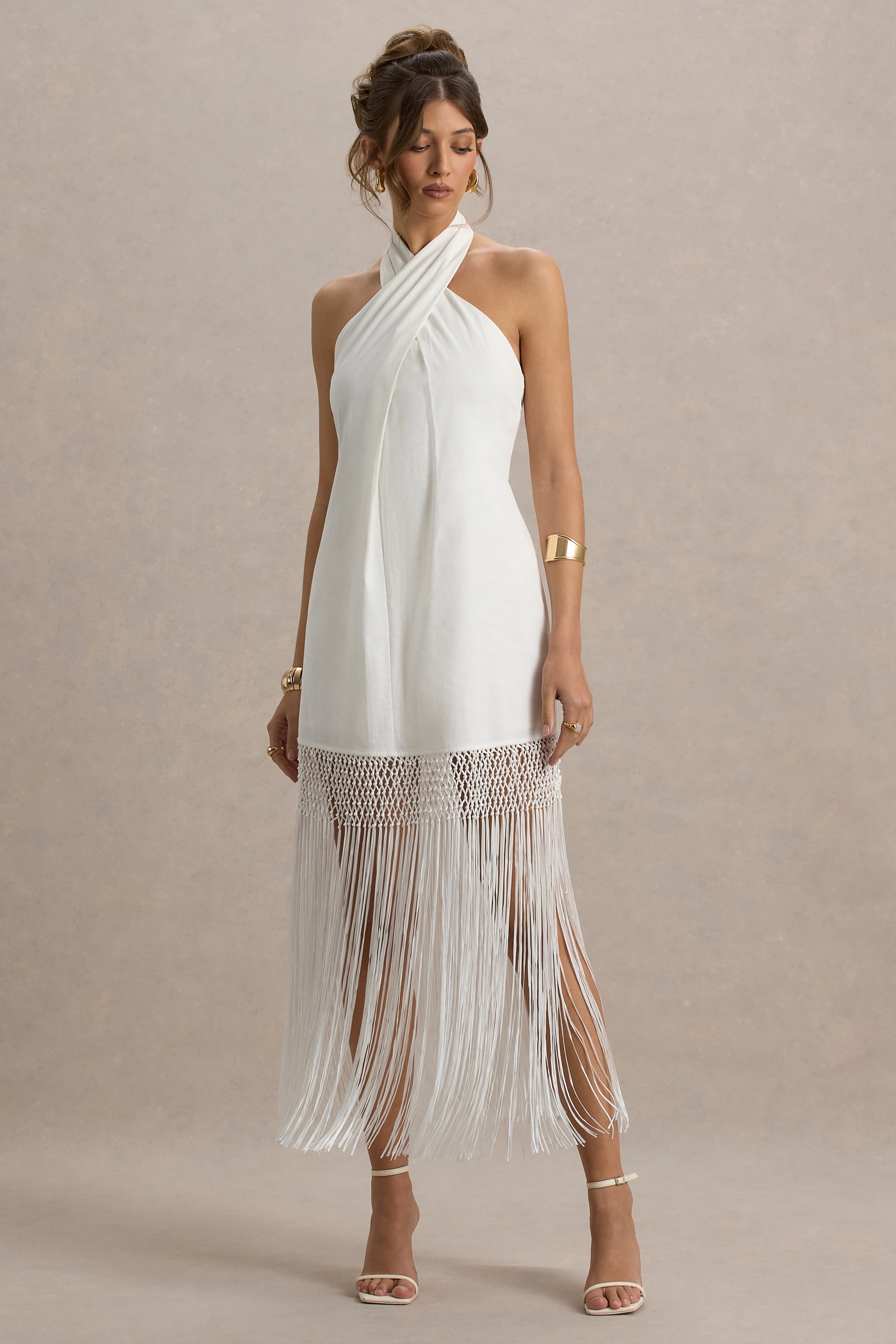 Fiametta | Ecru Keten Halter Yaka Fringed Maxi Elbise