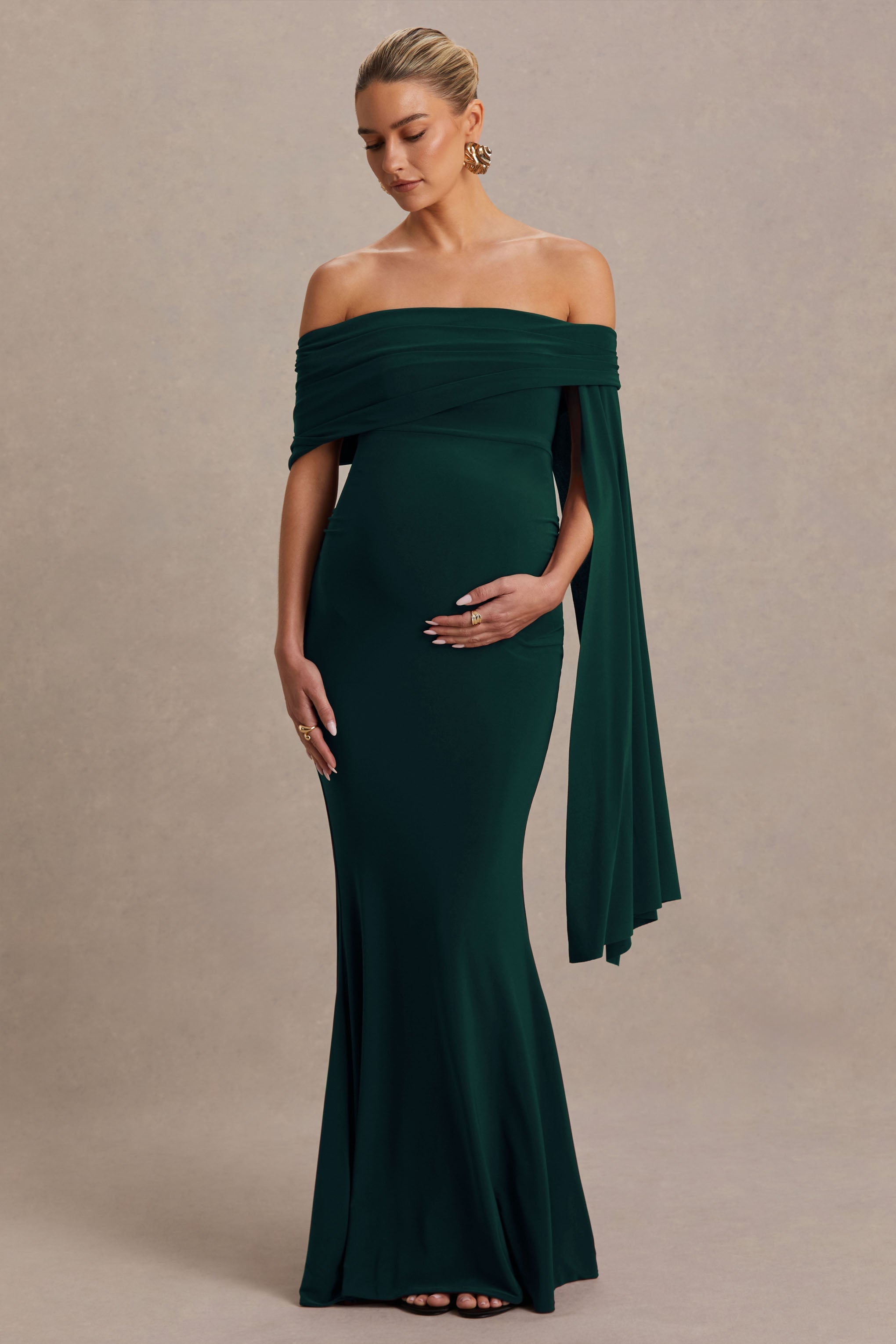 Aquila | Şişe Yeşili Bardot Hamile Maxi Elbise Drape Kol Detayı ile