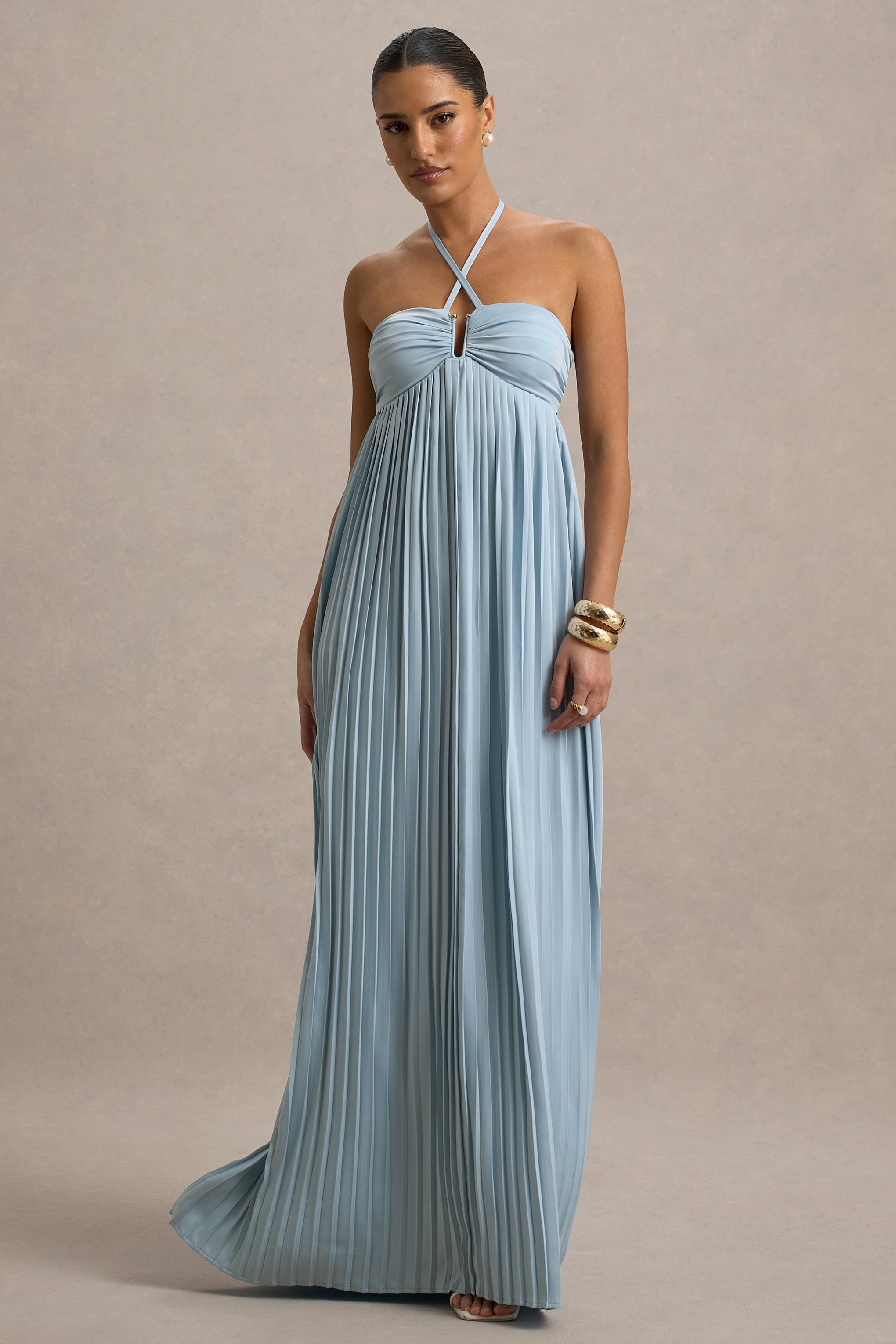 Elayne | Kesik Detaylı Pudra Mavi Halter Yaka Maxi Elbise