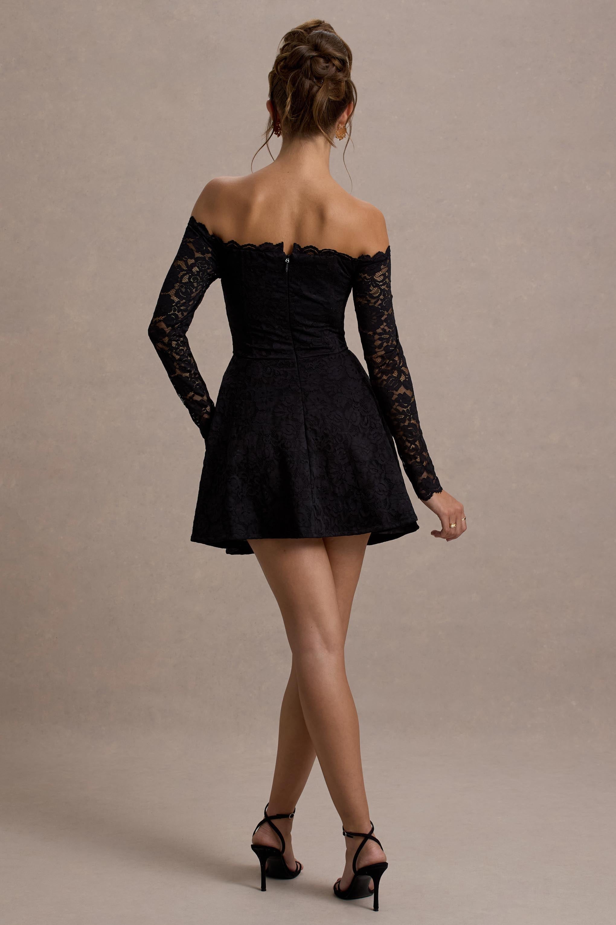 Alliste | Siyah Dantel Bardot Mini Elbise