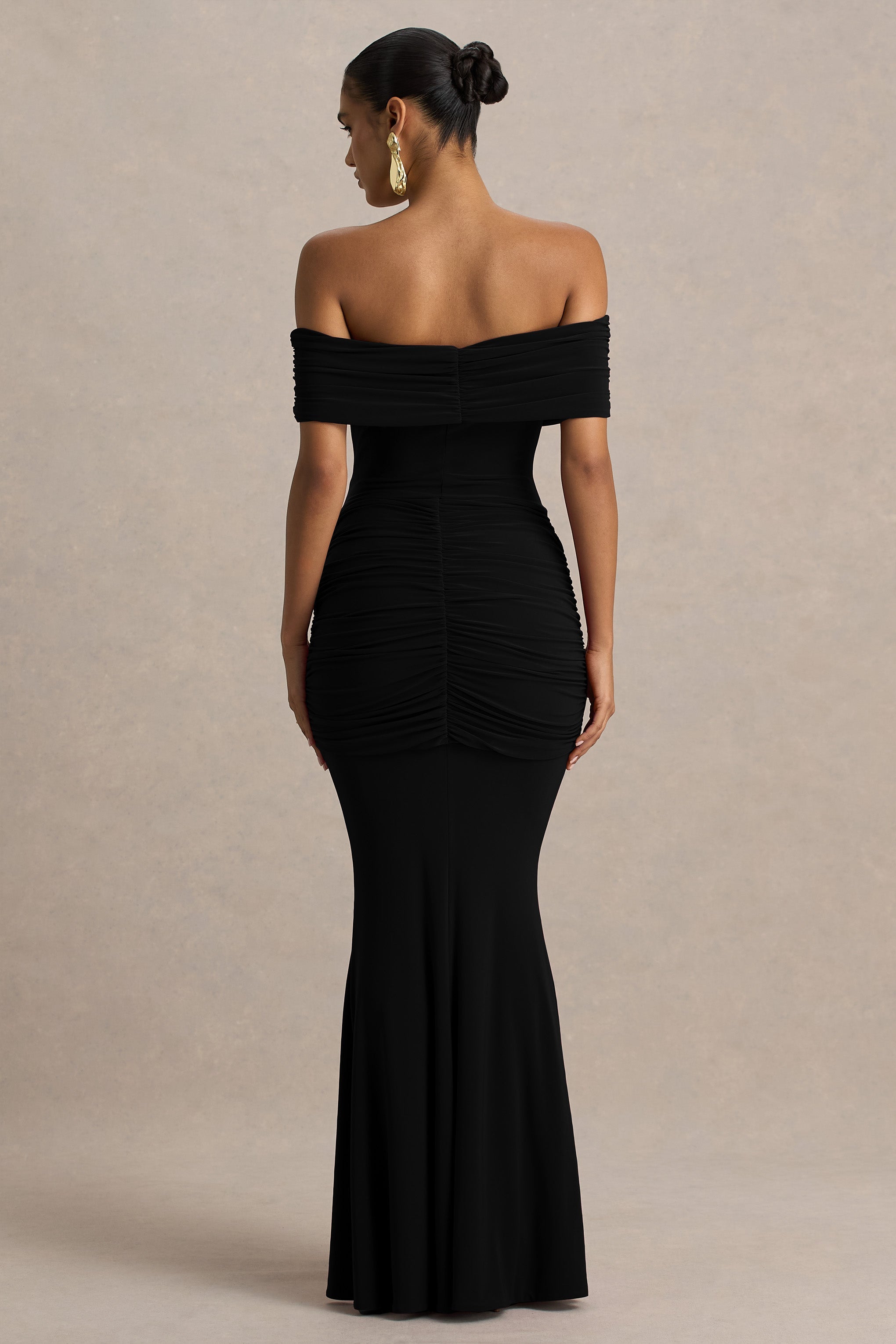 Hayal Edilen | K gathered ve Drape Detaylı Siyah Bardot Yaka Maxi Elbise
