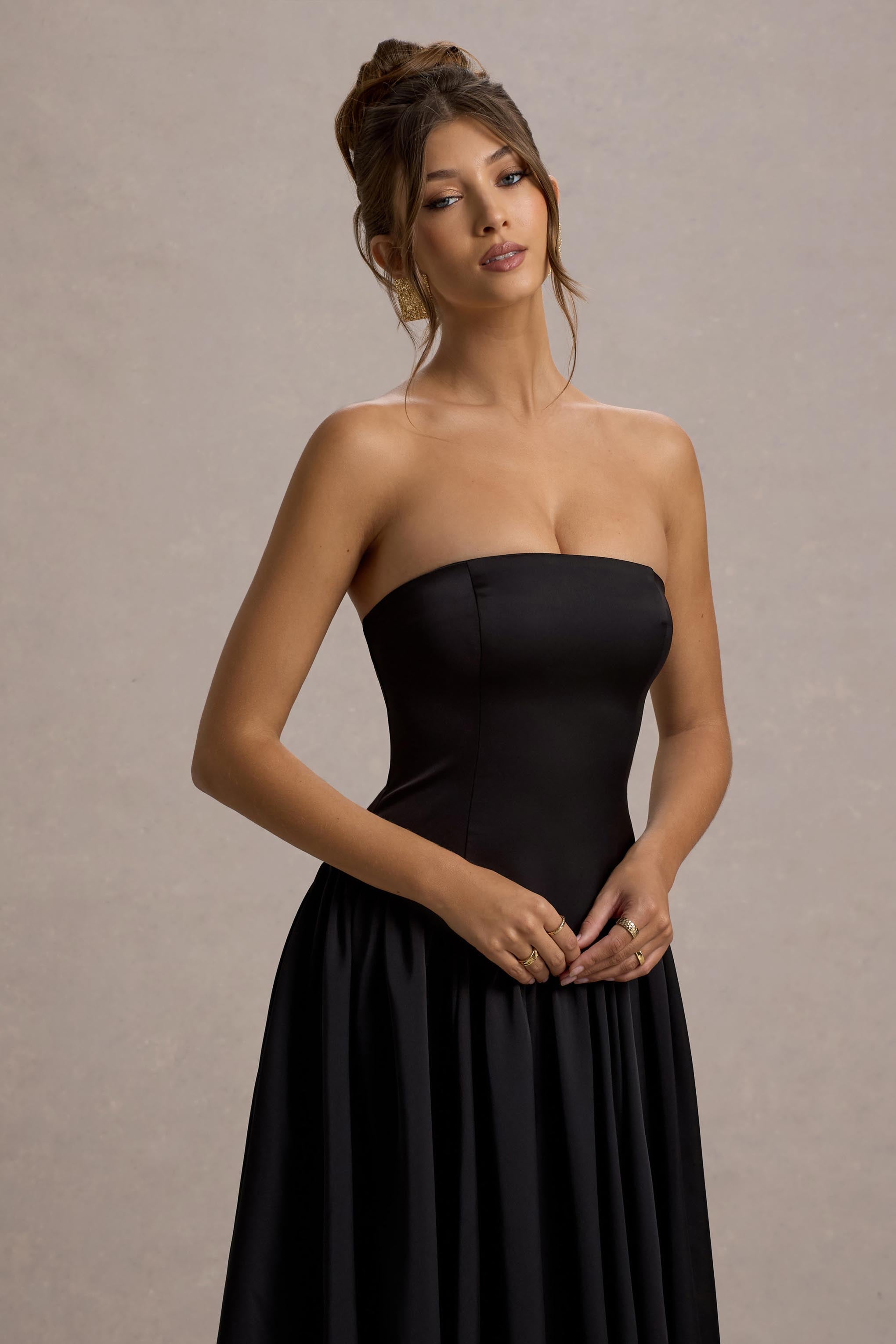 Keyton | Siyah Saten Bandeau Midi Elbise