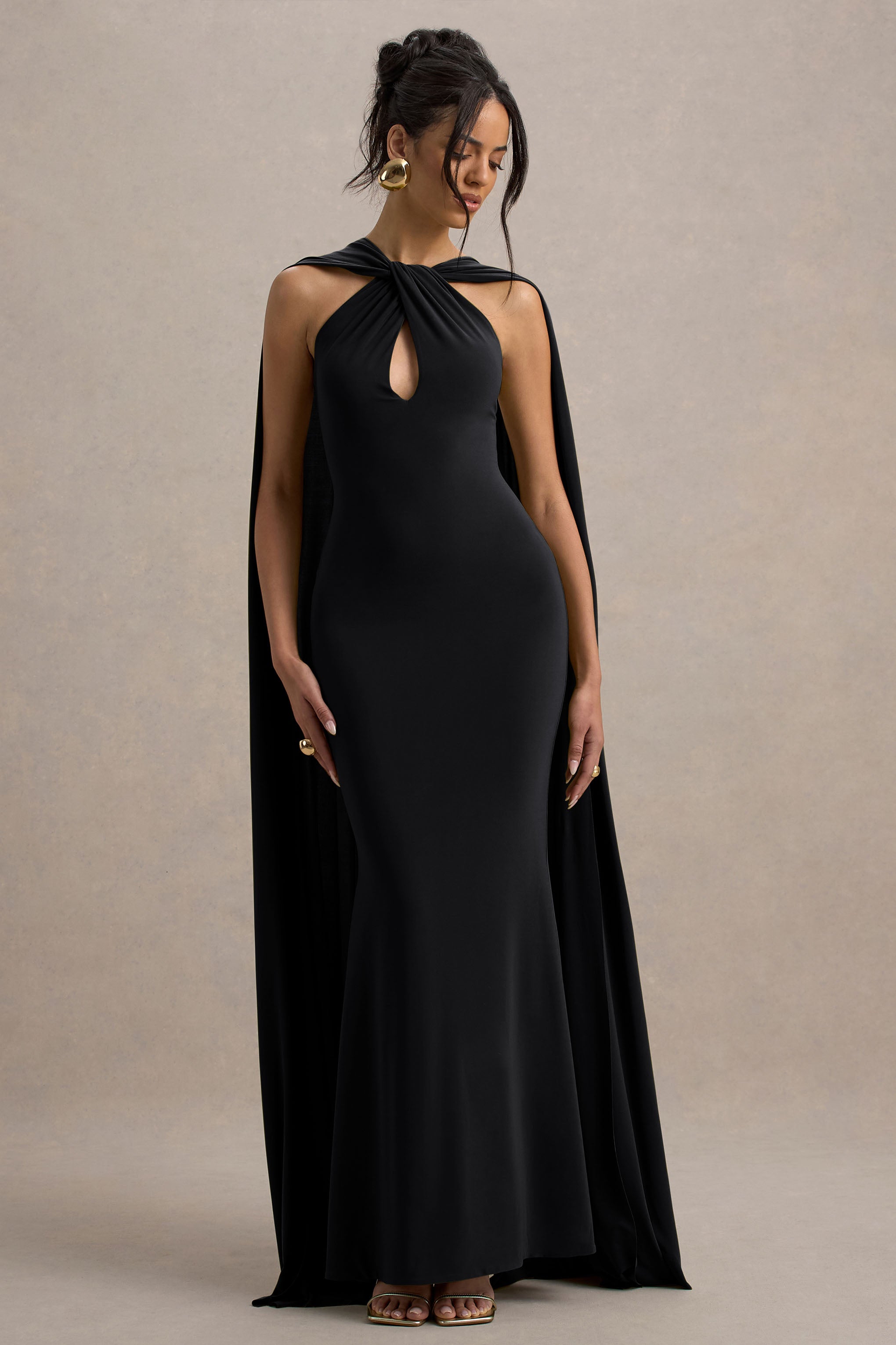 Rhoda | Siyah Dönme Halter Yaka Maxi Elbise