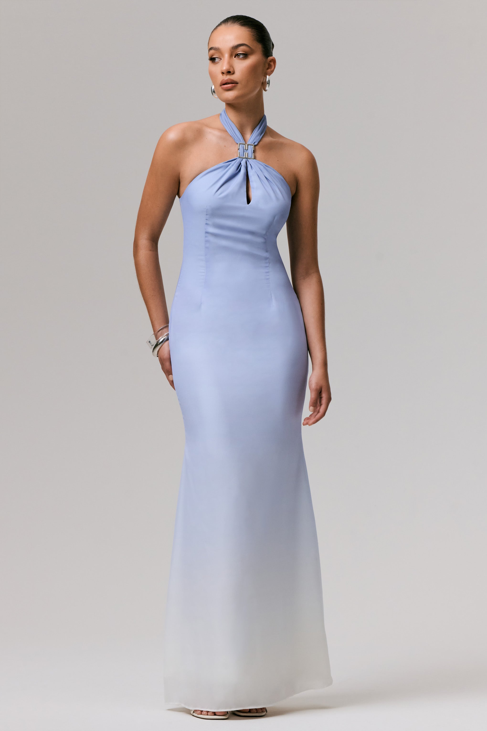 Sharni | Mavi Ombre Şifon Halter Yaka Maxi Elbise