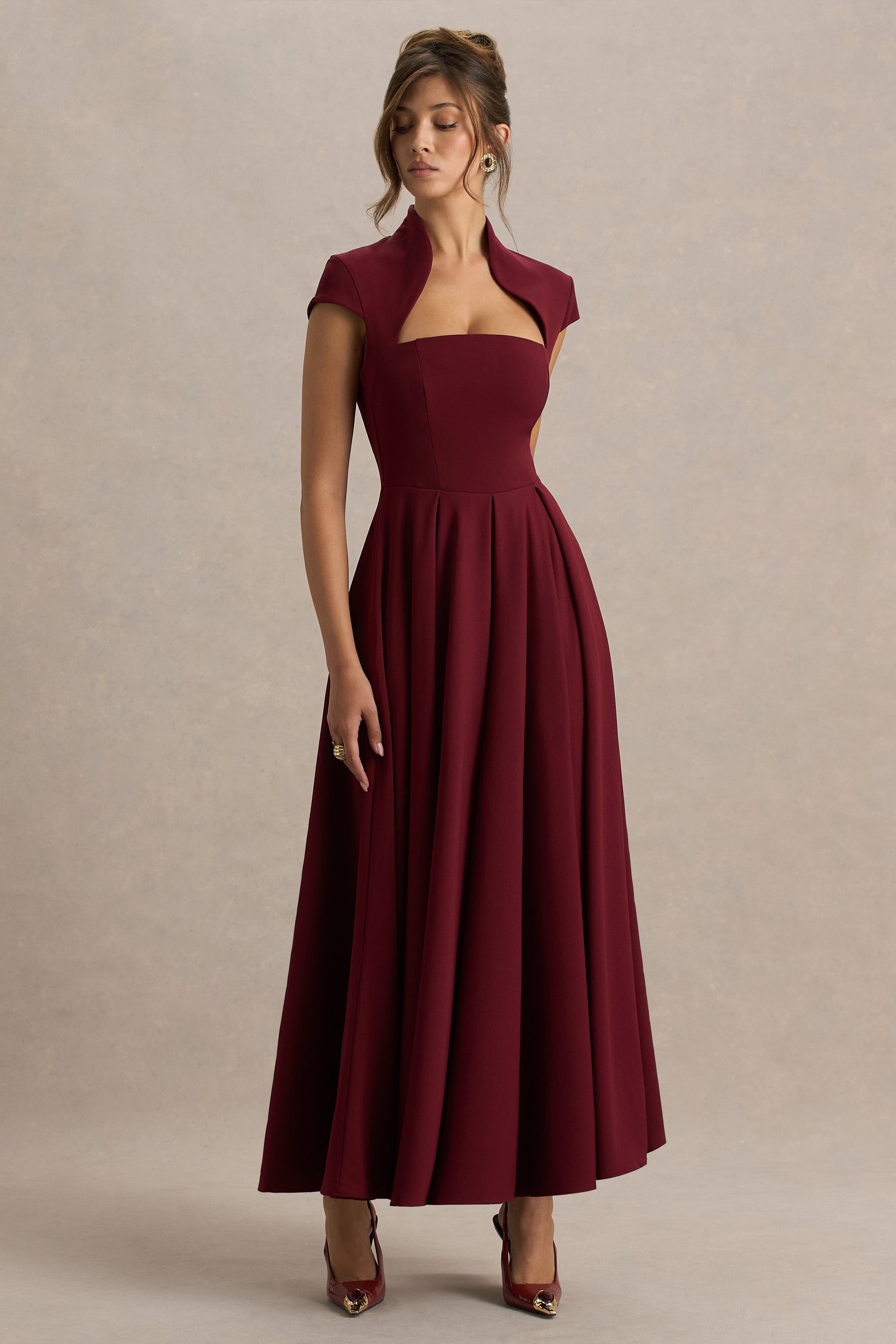 Scarlett | Bordo Asimetrik Yaka Maxi Elbise