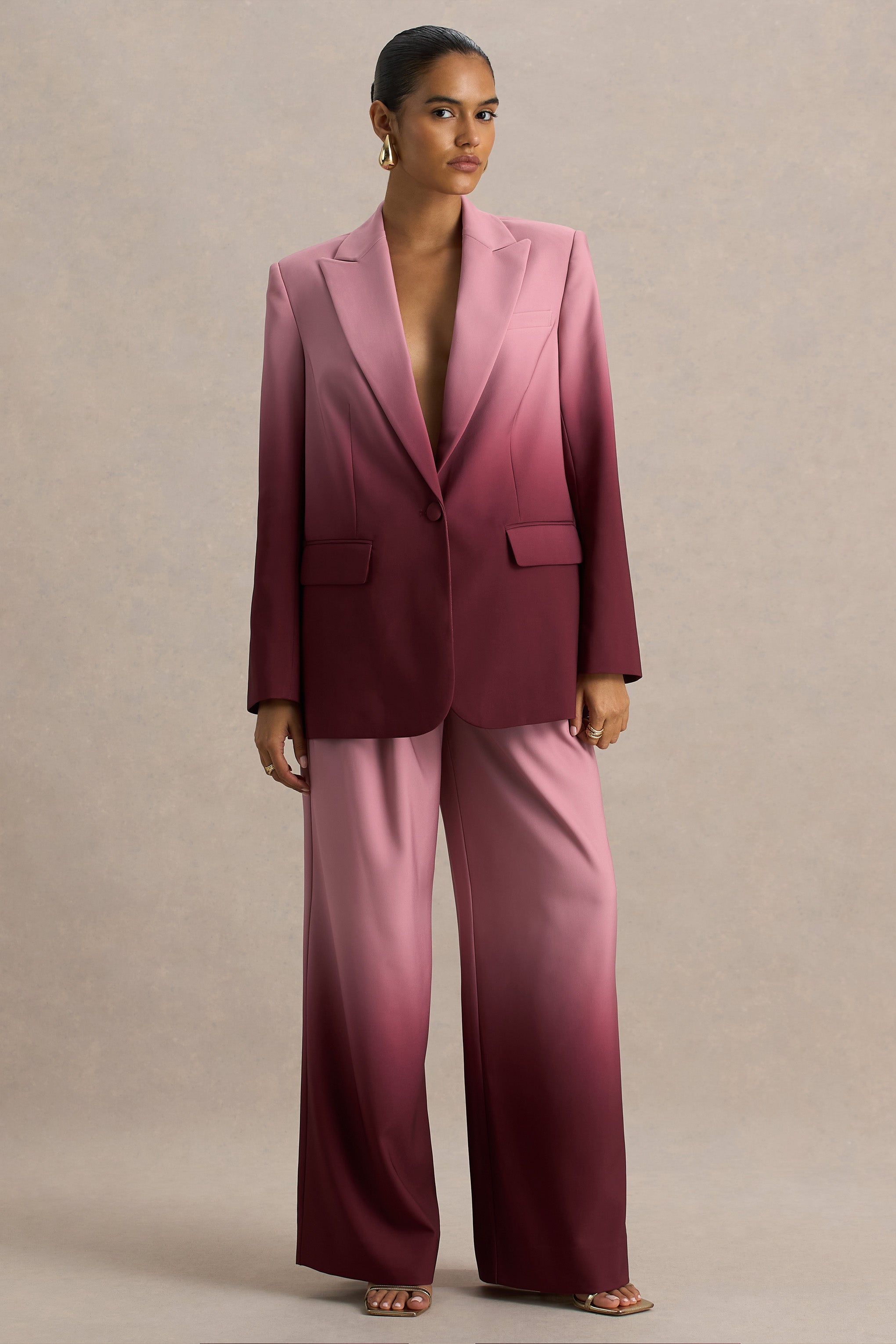 Enya | Kiraz Ombre Derin Yaka Saten Blazer