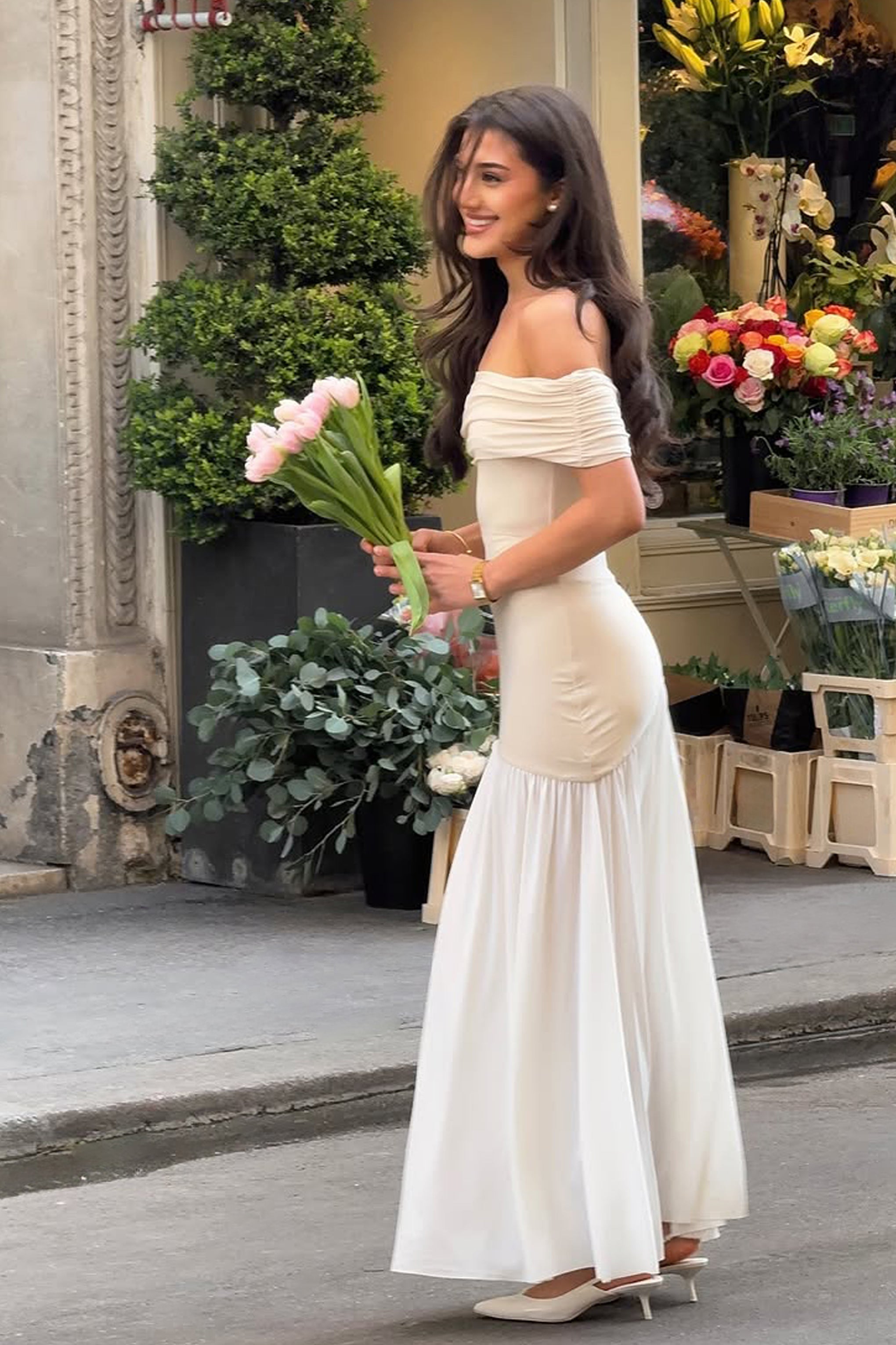 Venedik | Taş ve Beyaz Bardot Puff-Etek Maxi Elbise