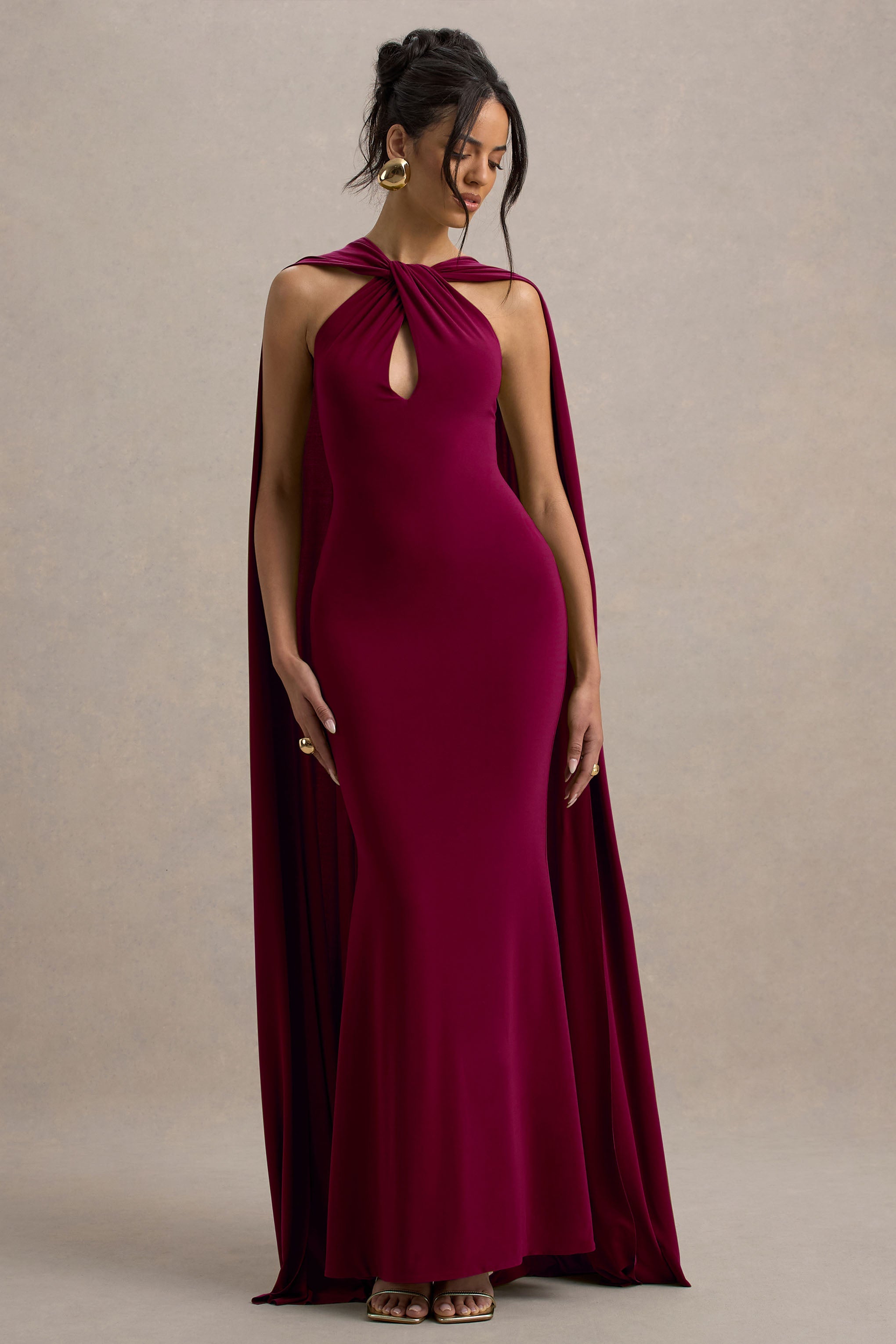Rhoda | Burgonya Dönüş Halter Yaka Maxi Elbise