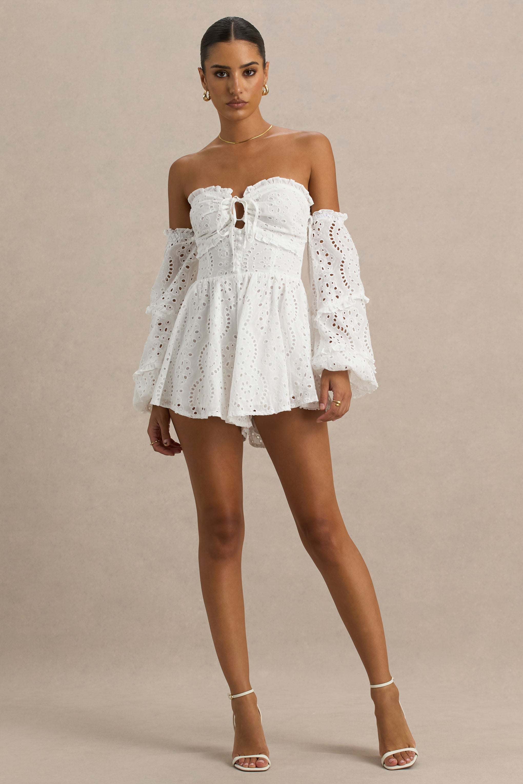 Mariella | Beyaz Broderie Bardot Volanlı Tulum