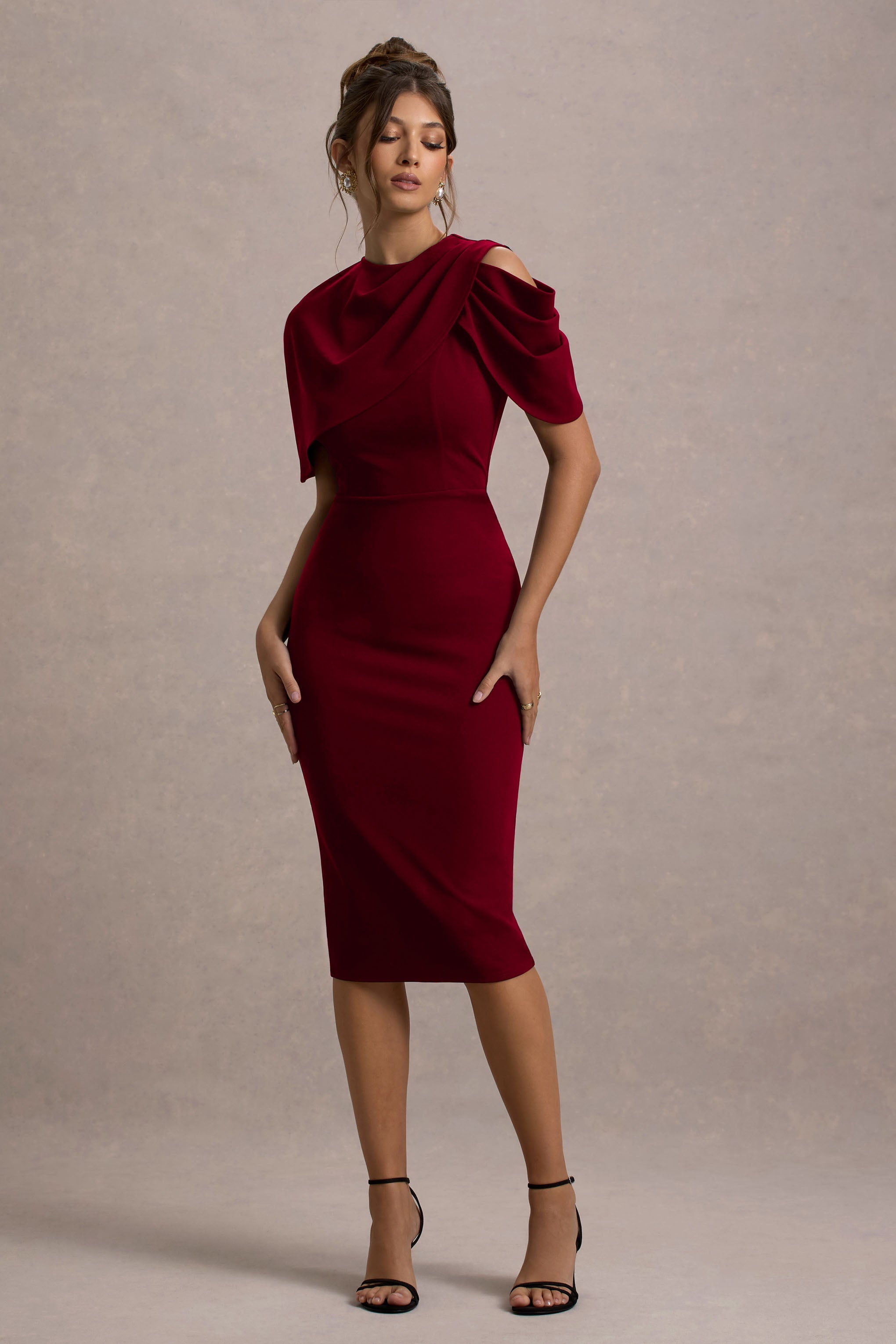 Dorothea | Pelerinli Berry Drapeli Midi Elbise
