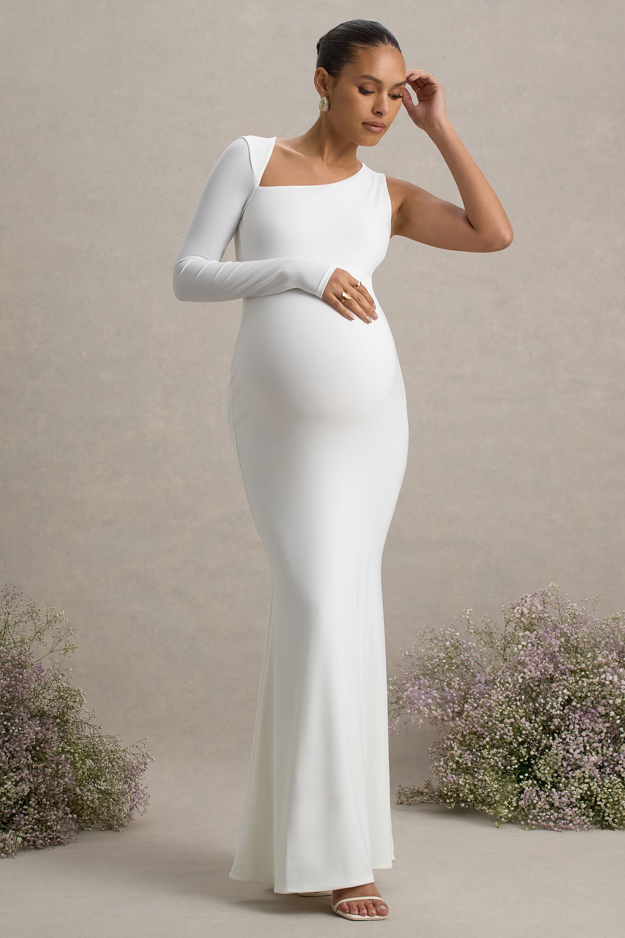 Oh Baby | Beyaz Hamile Tek Omuzlu Bodycon Maxi Elbise