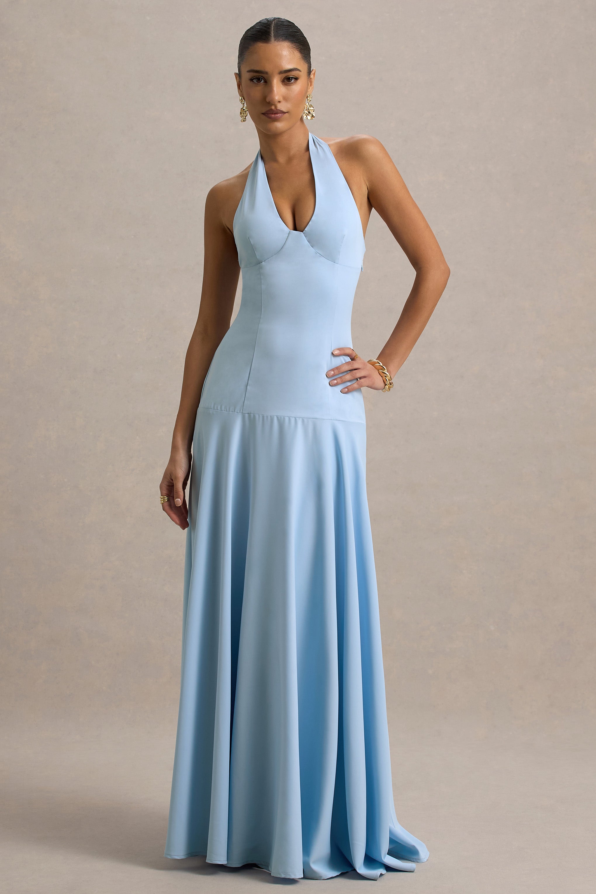 Ginevra | Pudra Mavi Halter Yaka Maxi Elbise