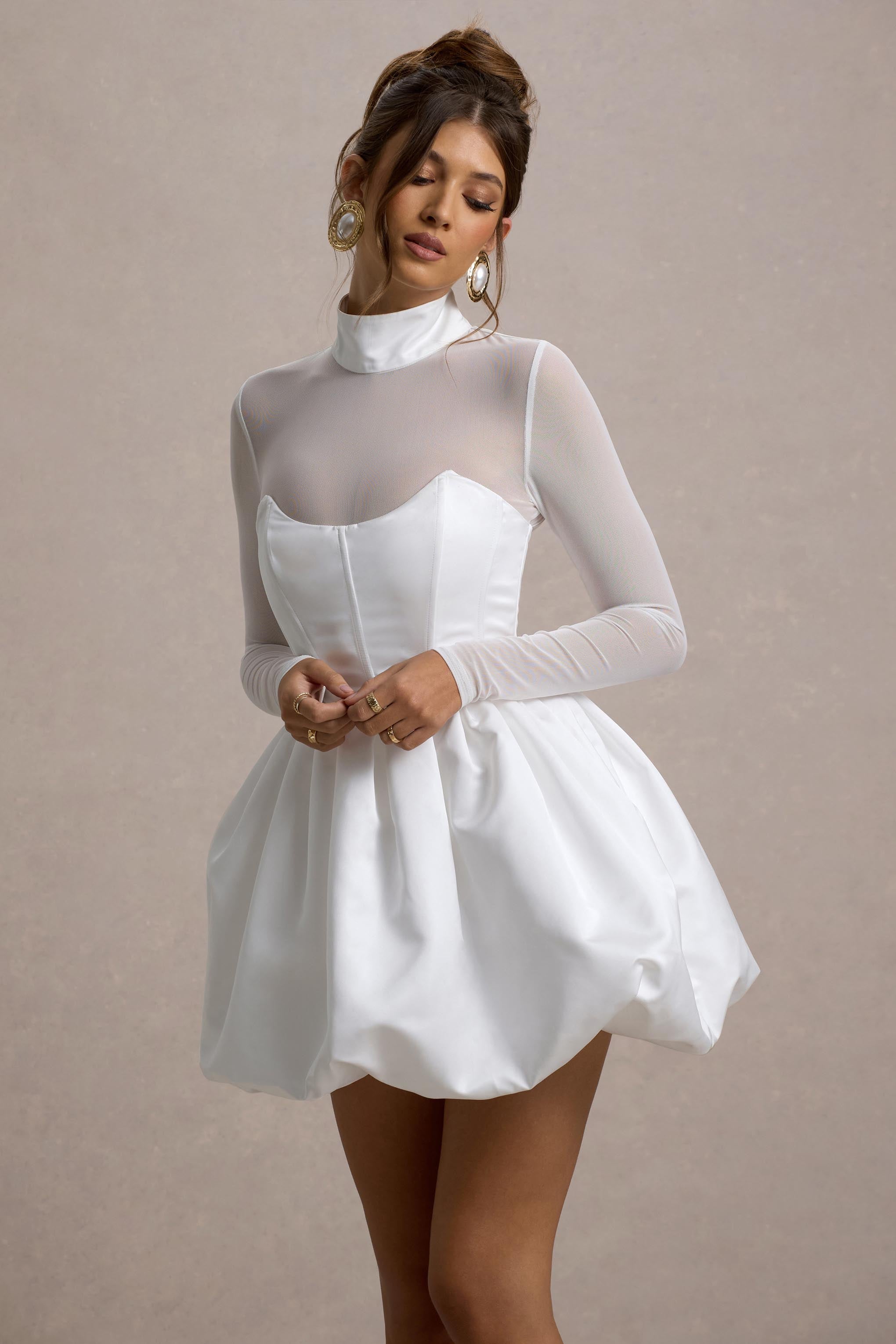 Tinkerbell | Beyaz Saten Uzun Kollu Puffball Mini Elbise