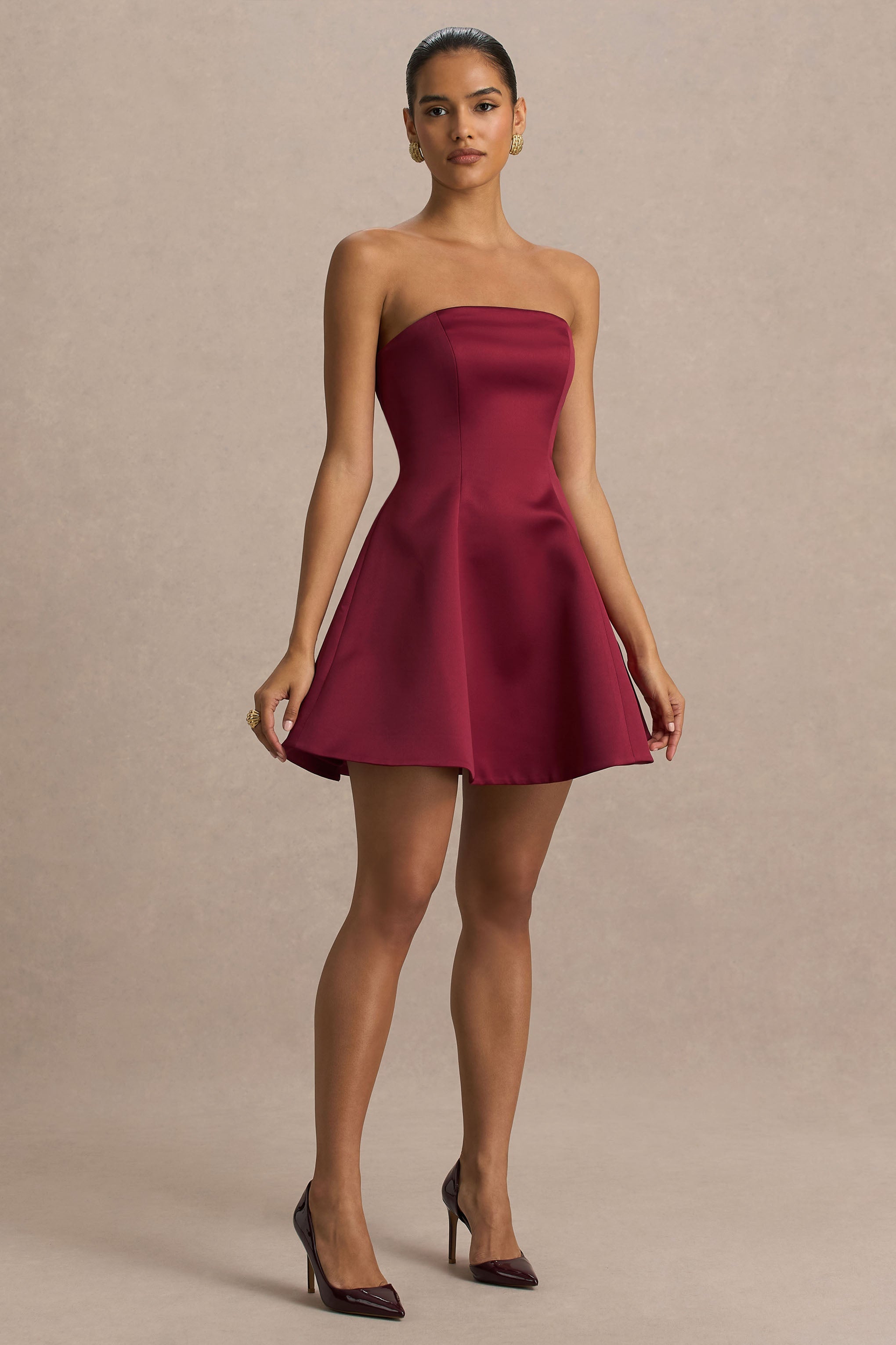 Lioray | Bordo Saten Bandeau Yaka A-Line Mini Elbise