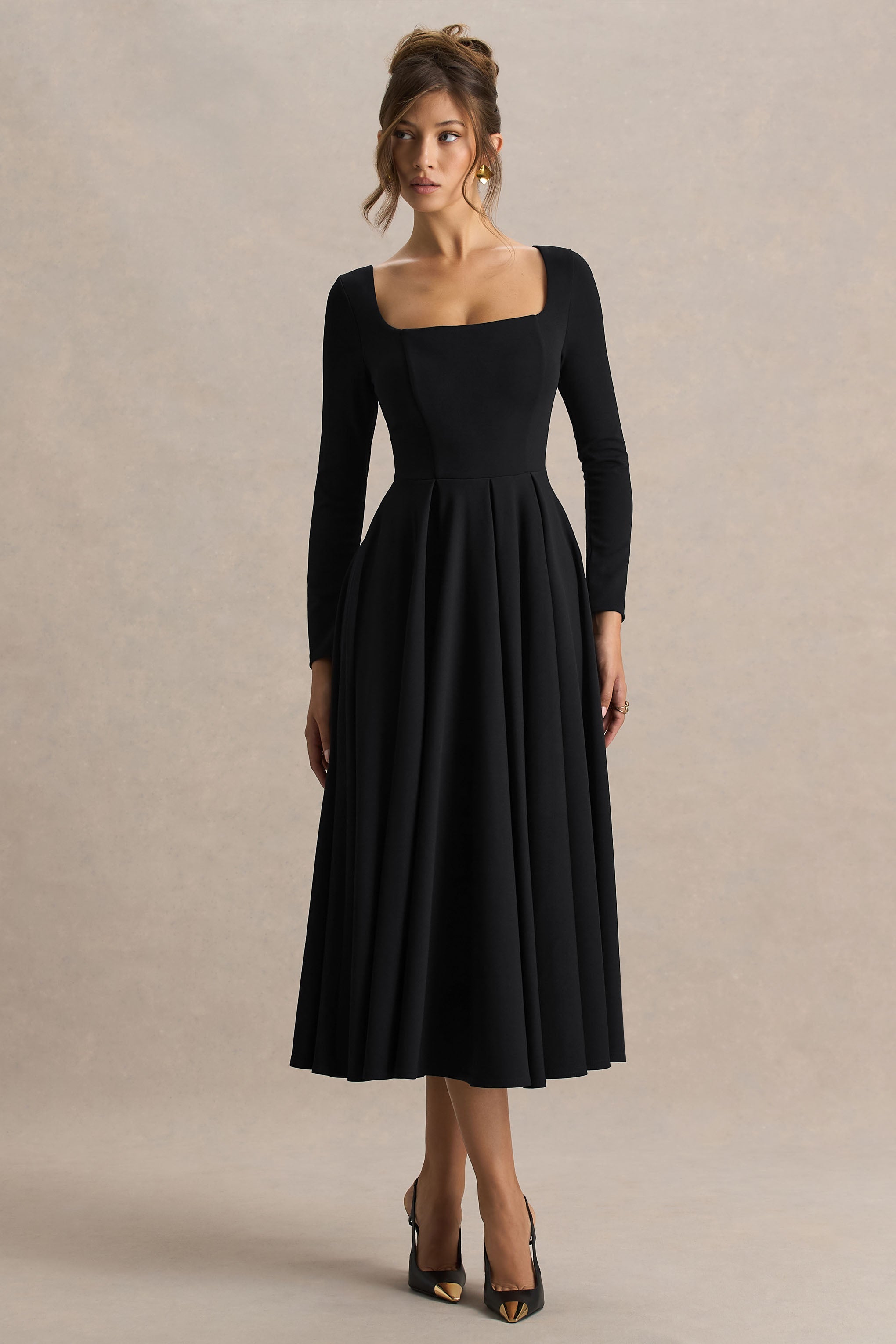Alison | Siyah Kare Yaka A-Line Midi Elbise
