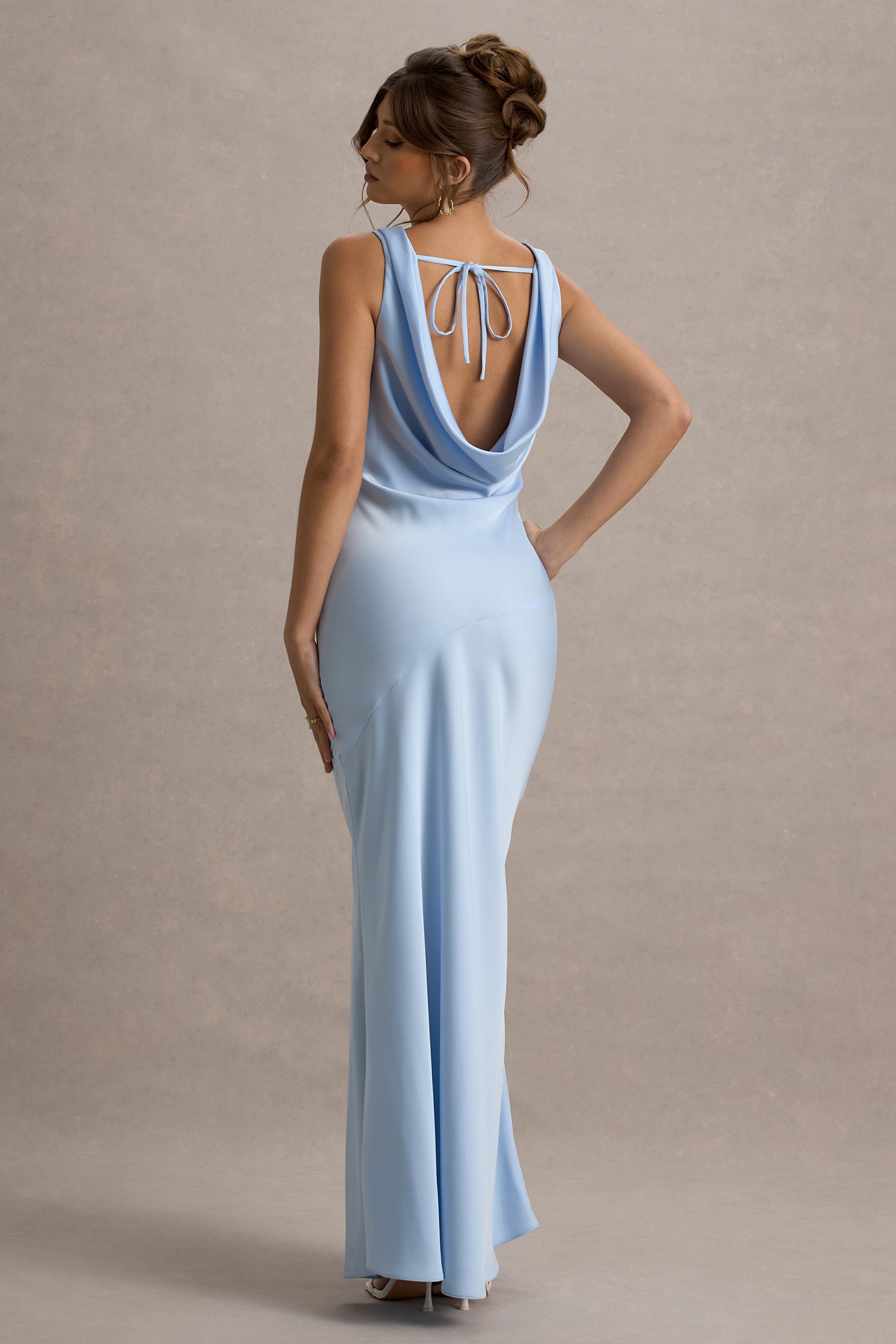 Alesso | Toz Mavi Saten Cowl-Neck Maxi Elbise