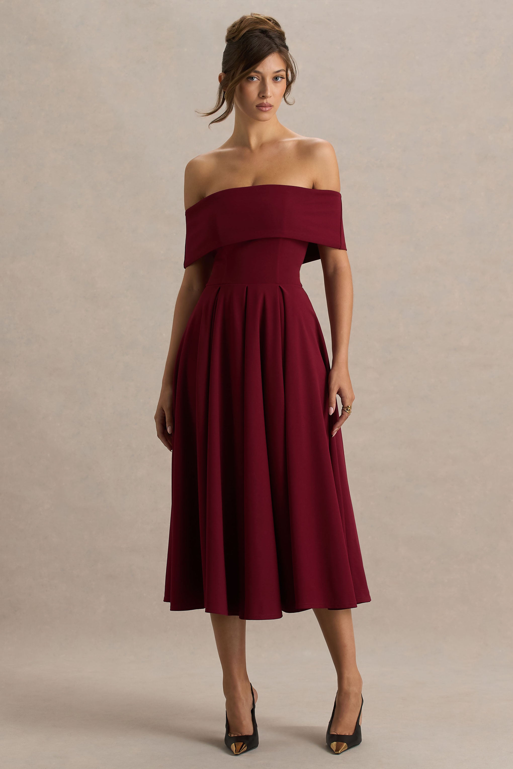 Isabella | Bordo Bardot Yaka Midi Elbise
