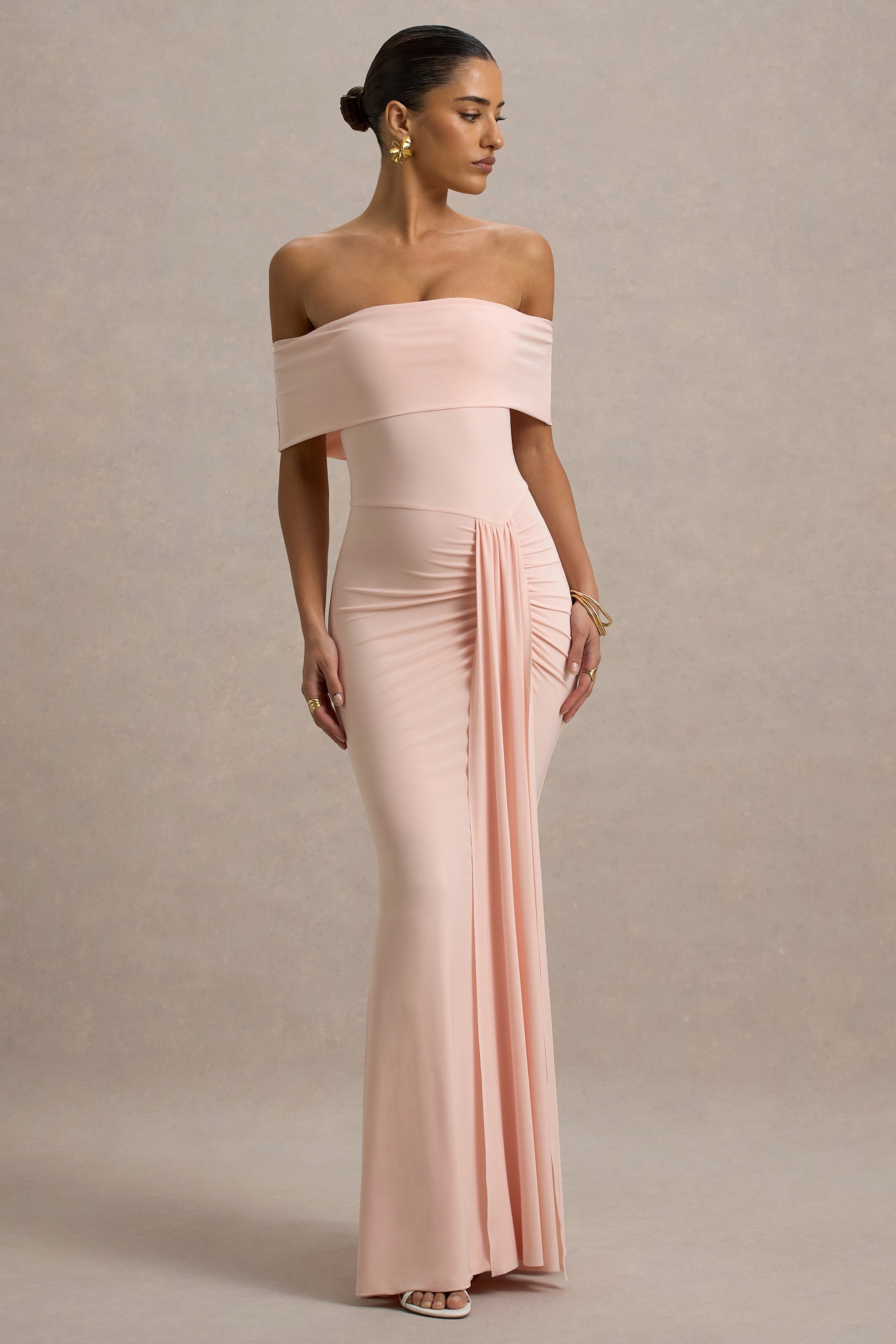 Delma | Drapeli Detaylı Pembe Bardot Maxi Elbise