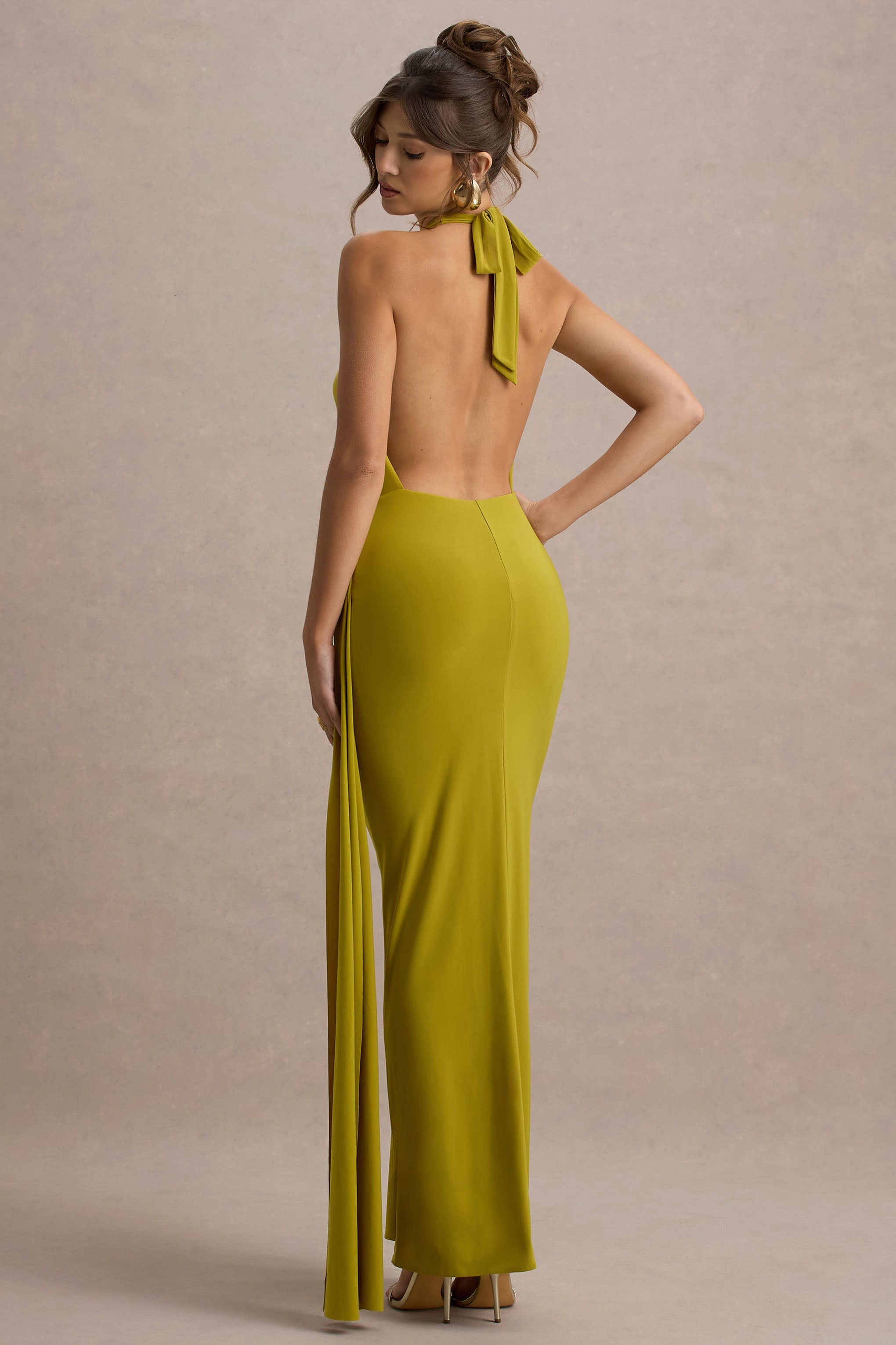 Rosina | Yeşil Halter Yaka Drapeli Maxi Elbise Sash ile
