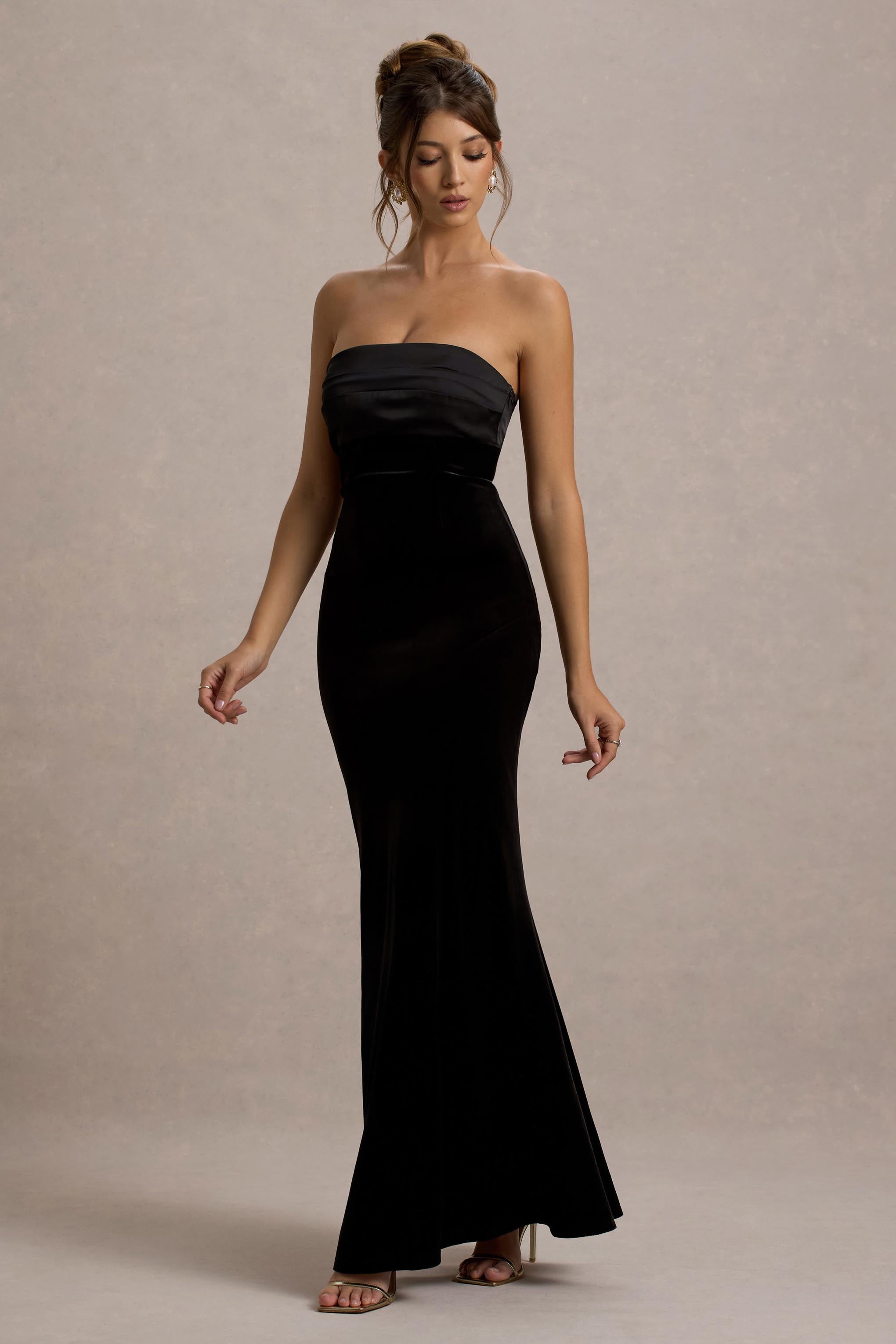 Ambrosi | Siyah Kadife Bandeau Maxi Elbise