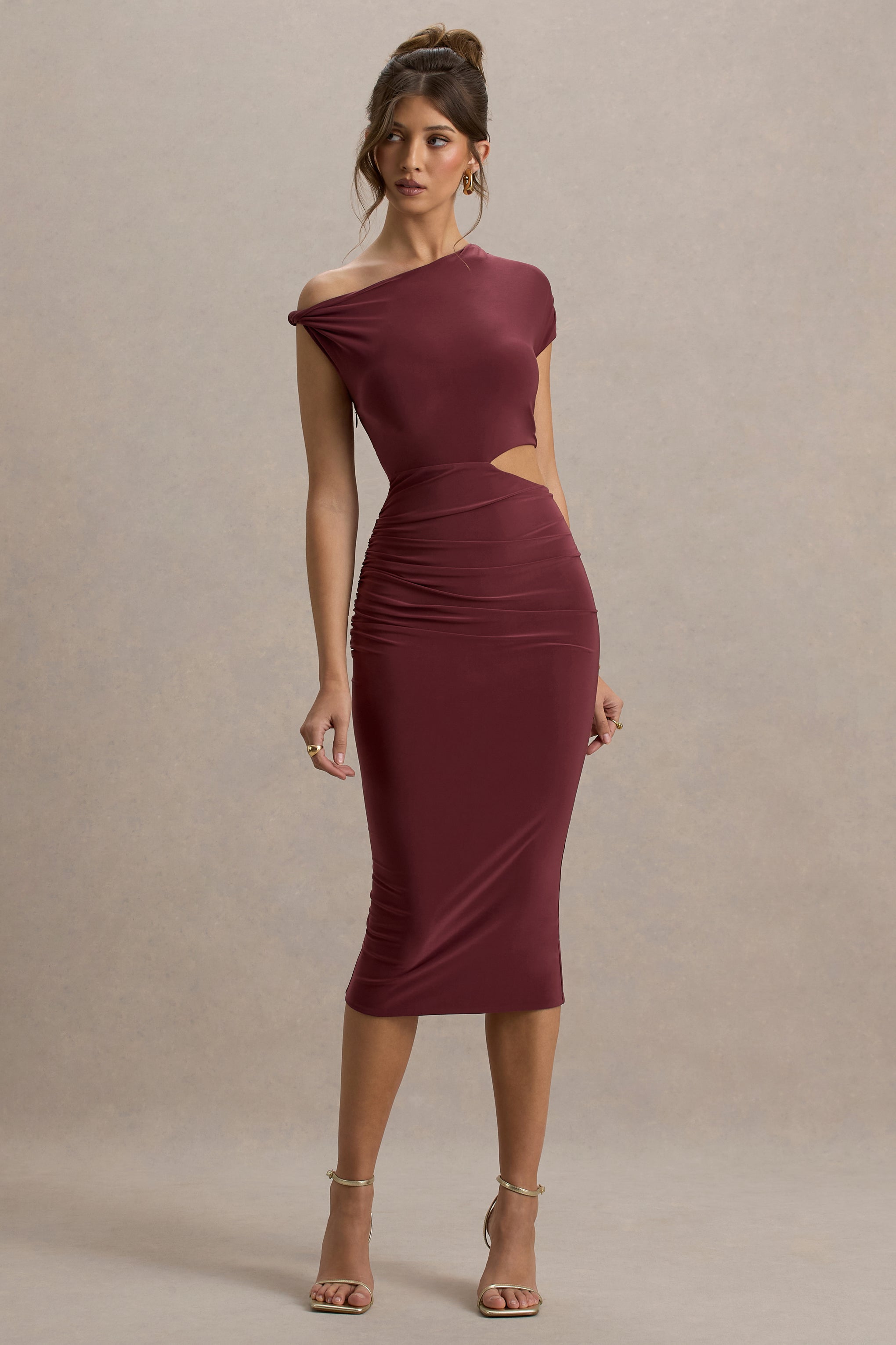 Calliope | Bordo Kesik Detaylı Midi Elbise