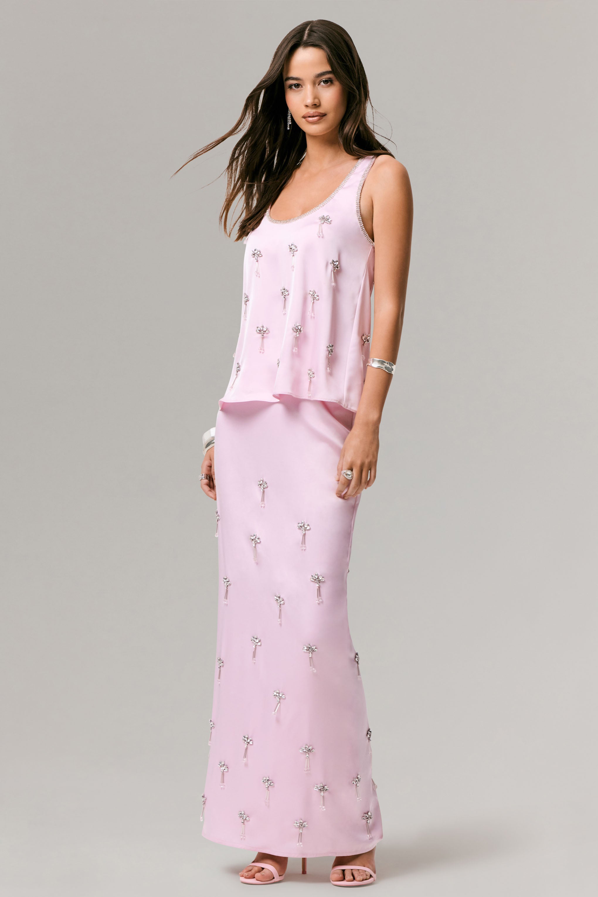 Lena | Pembe Saten Süslemeli Maxi Etek