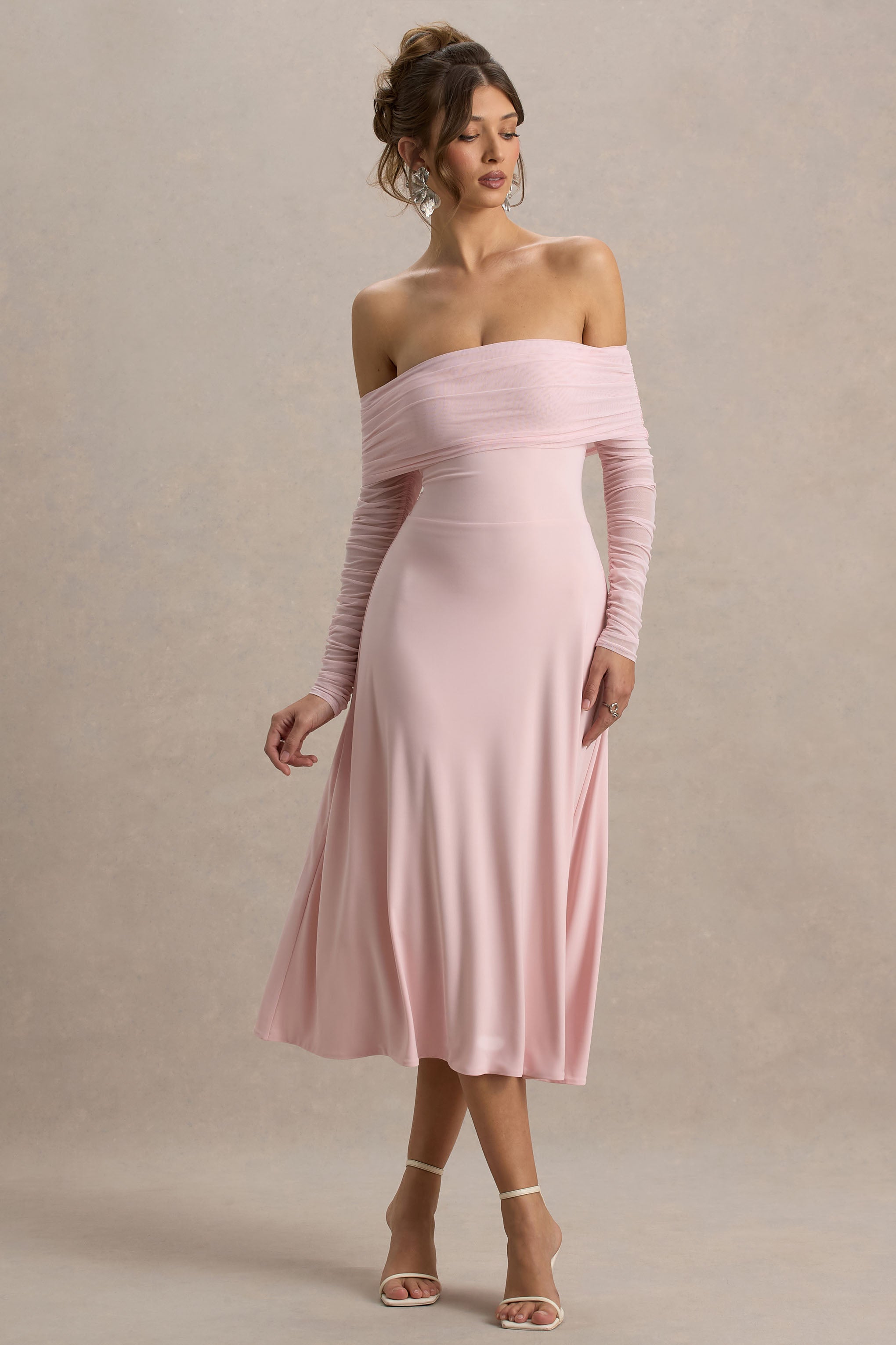 Flatter Me | Açık Pembe Bardot Midi Elbise Ağı Mesh Kollar