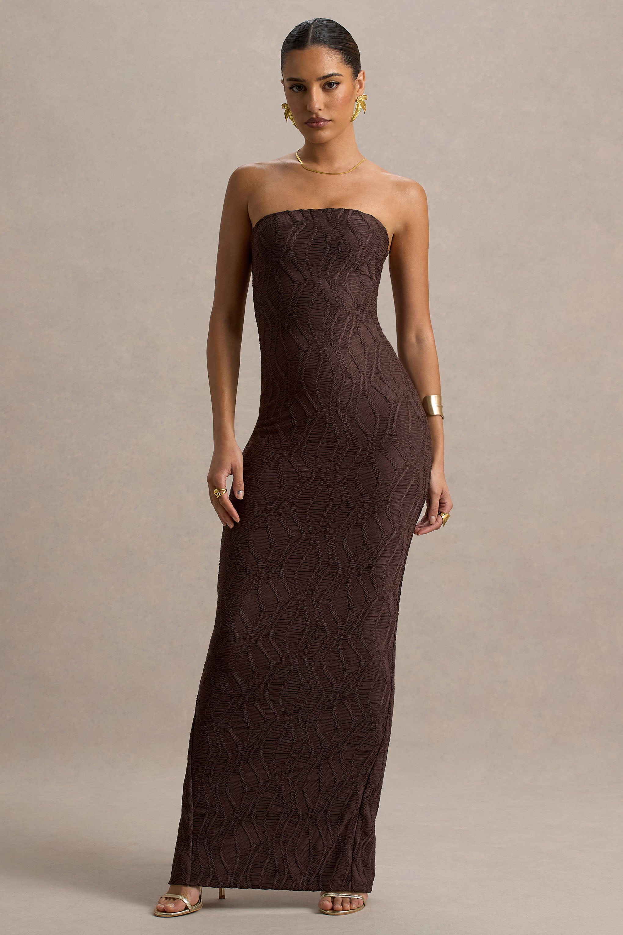 Lorela | Kahverengi Bodycon Bandeau Maxi Elbise