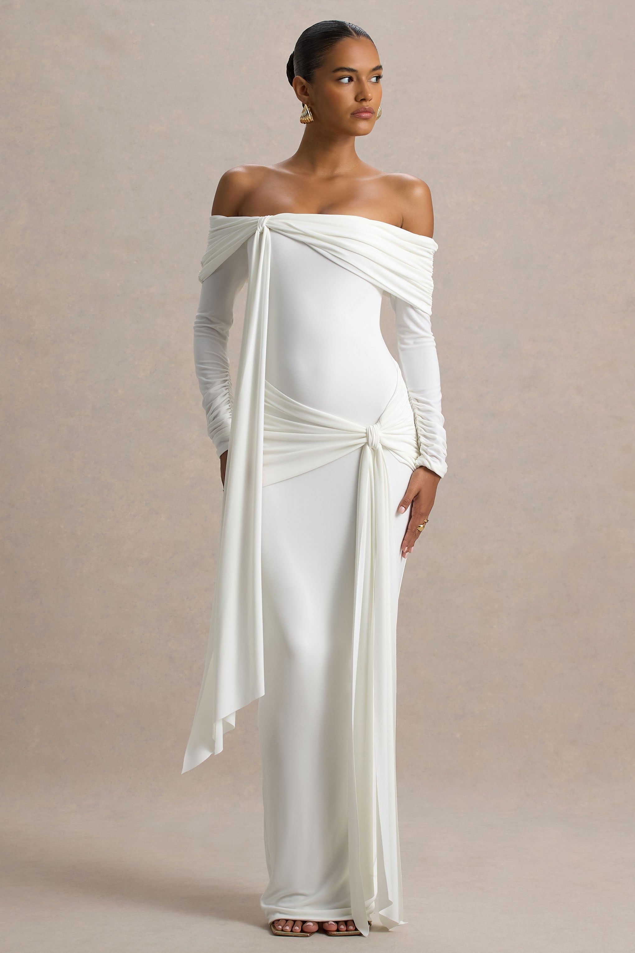 Jovie | Sash Detaylı Beyaz Bardot Maxi Elbise