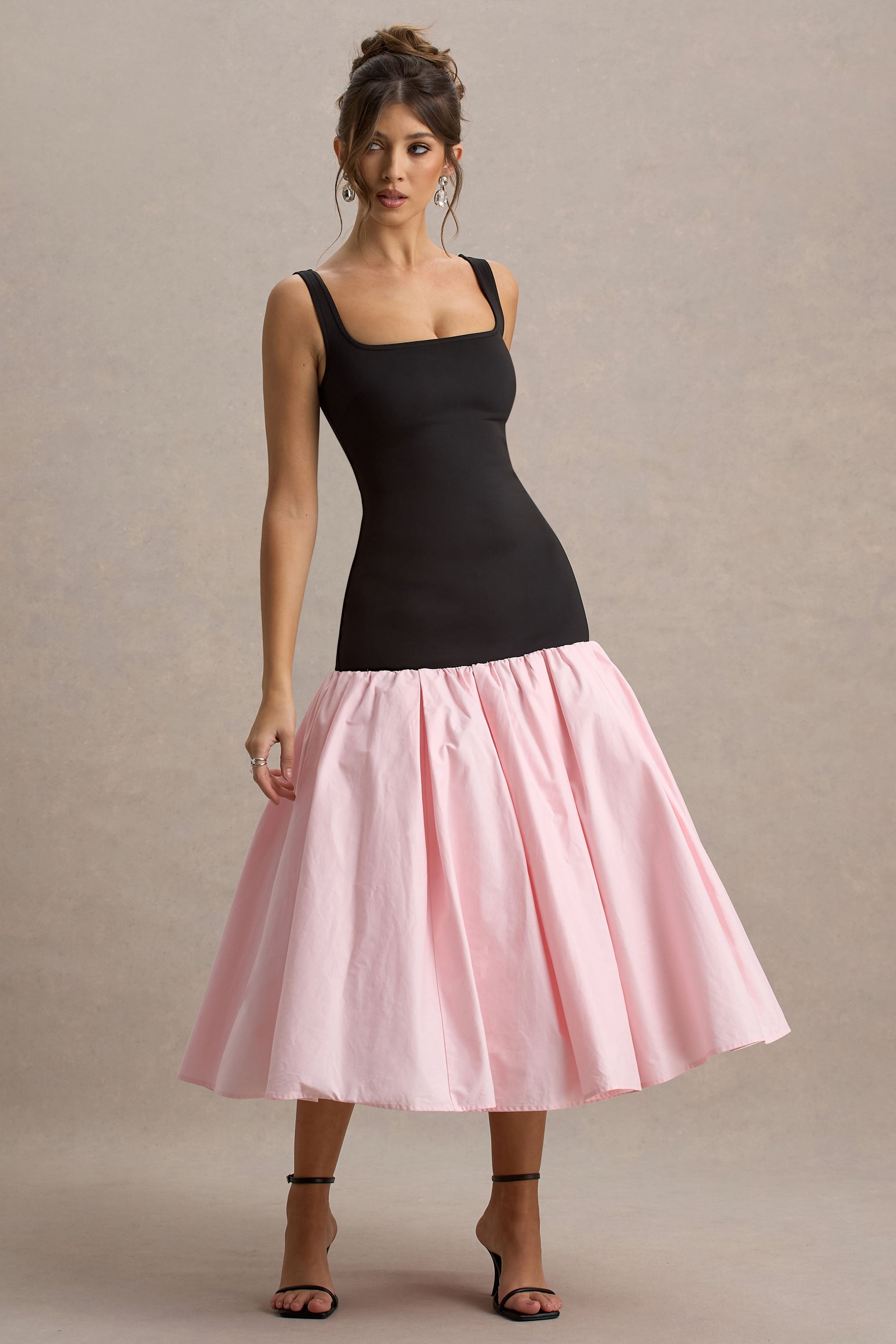 Parida | Siyah & Pembe Poplin Düşük Bel Midi Elbise Peplum Etek Ucu ile