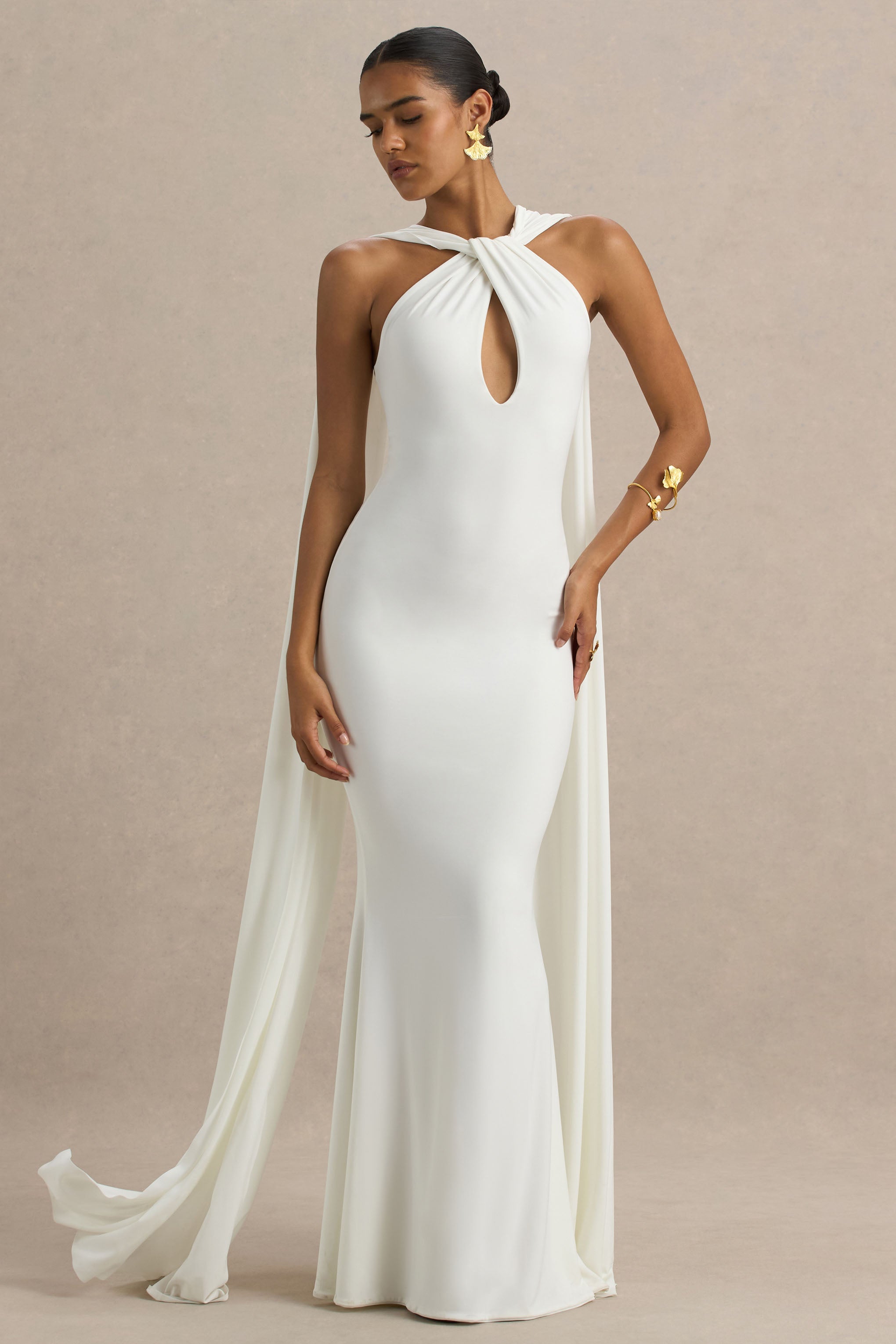 Rhoda | Beyaz Dönme Halter Yaka Maxi Elbise
