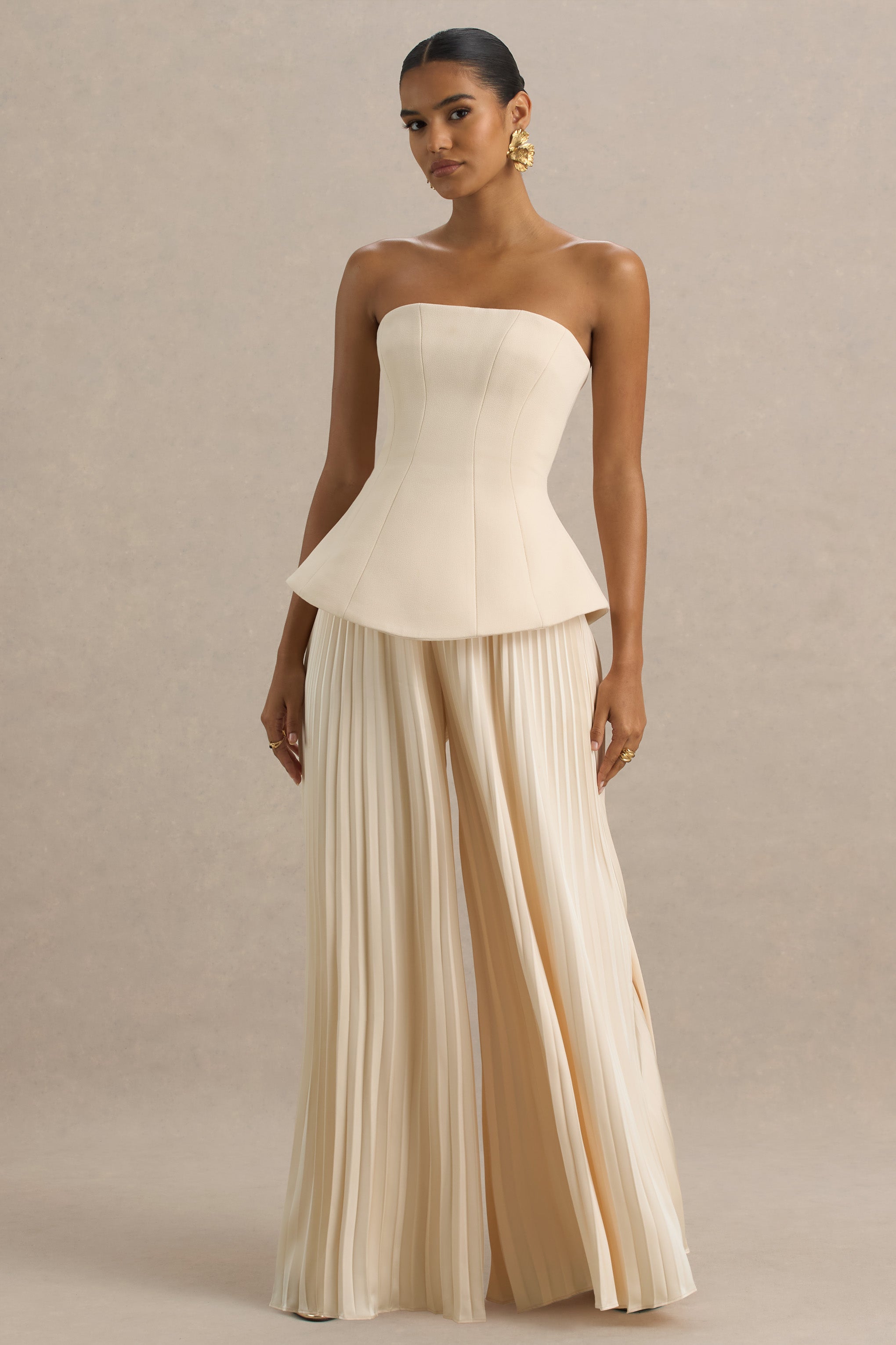 İyi Hisset | Plise Pantolonlu Nude Bandeau Tulum