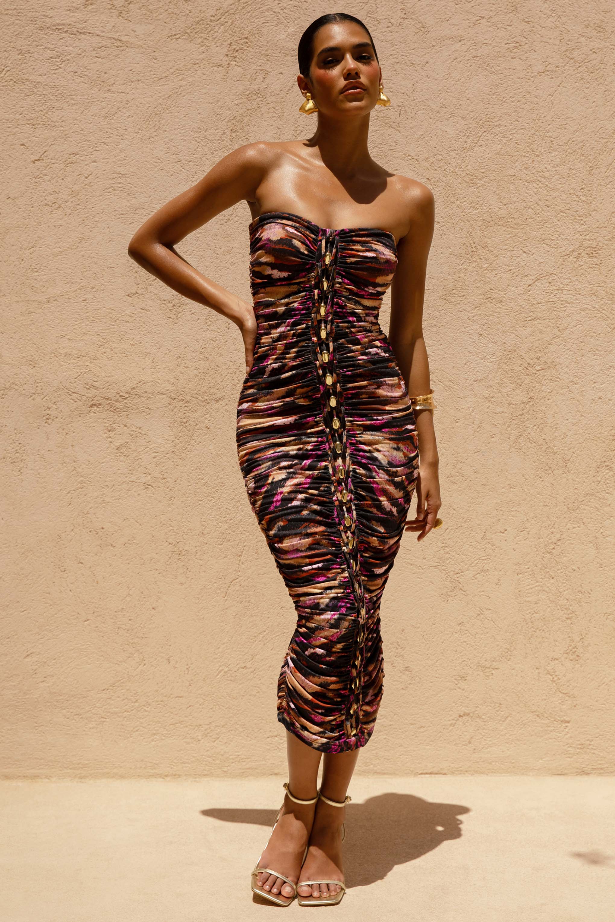 Spontaneite | Zebra Desenli Bandeau Ruched Midi Elbise