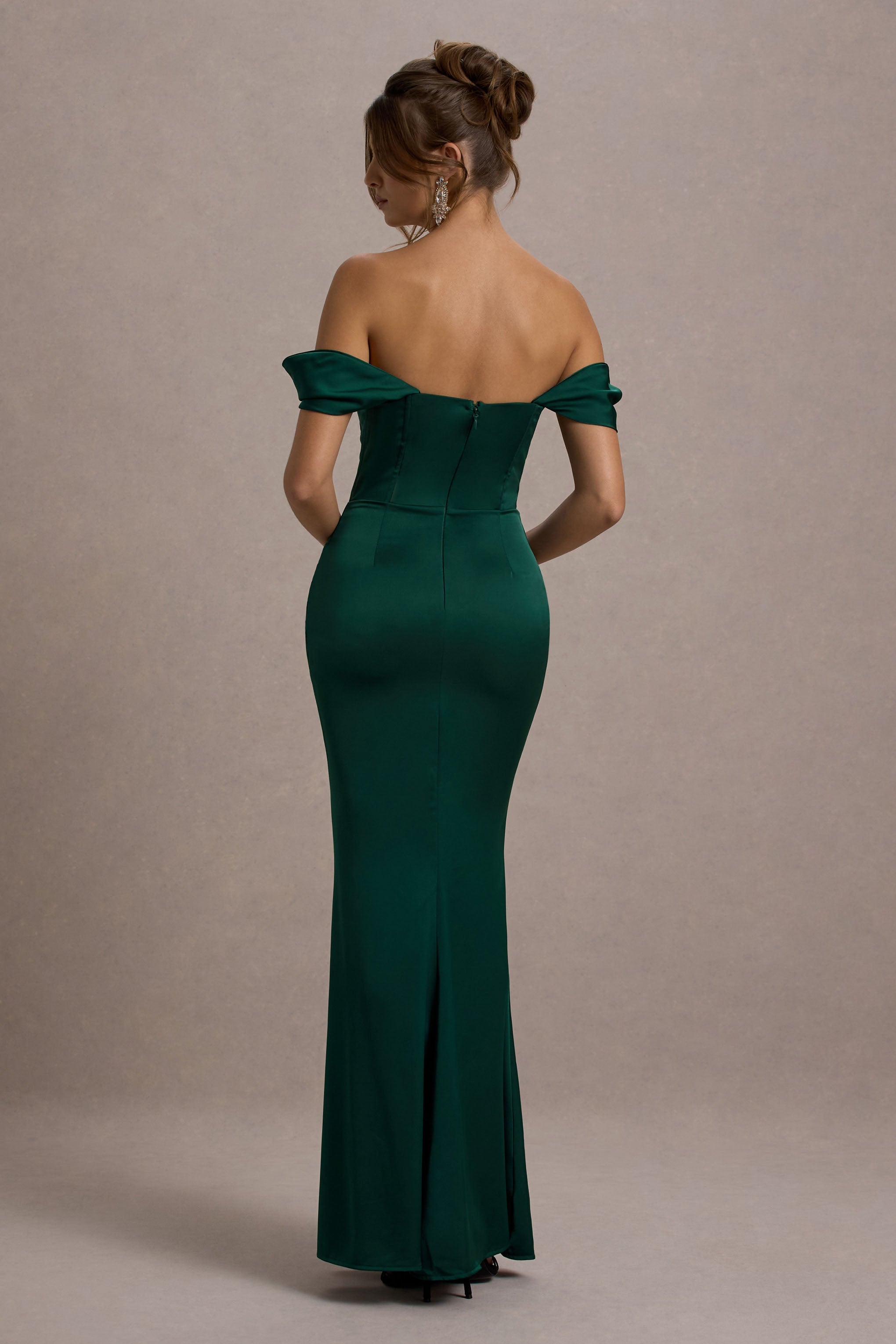 Kimberly | Şişe Yeşili Bardot Saten Maxi Elbise