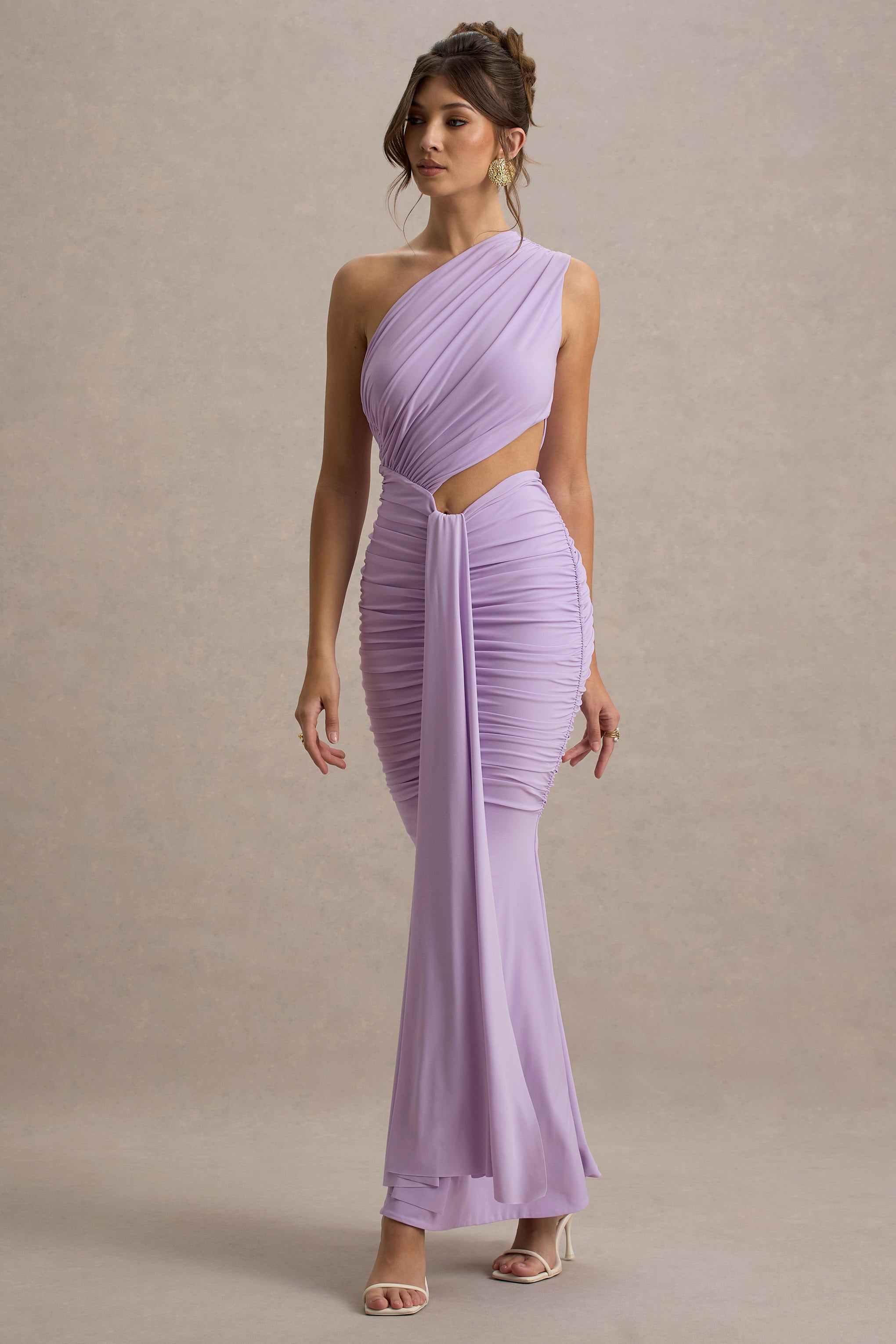 Beline | Drapeli Lavanta Renkli Tek Omuz Cut-Out Maxi Elbise