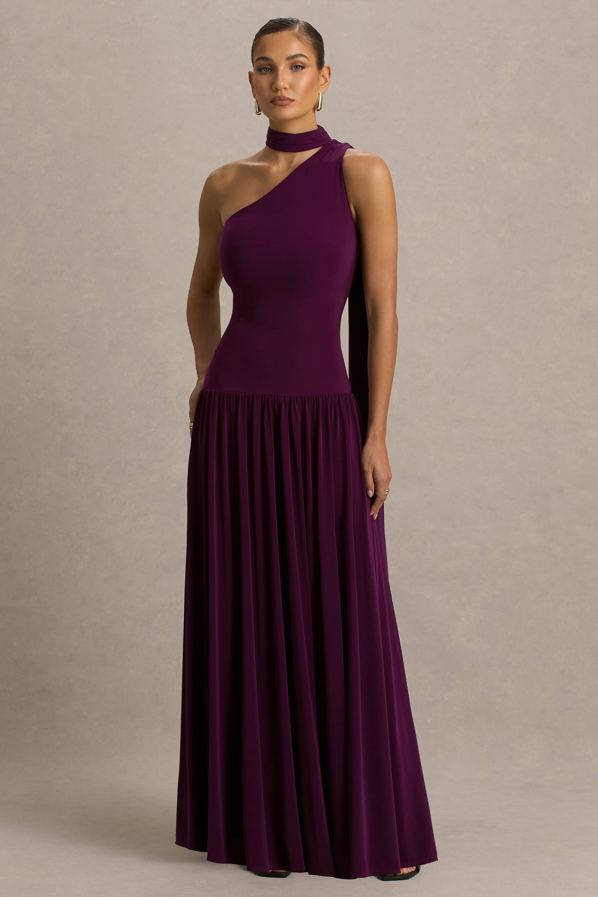 Freesia | Şal Detaylı Asimetrik Yaka Maxi Elbise