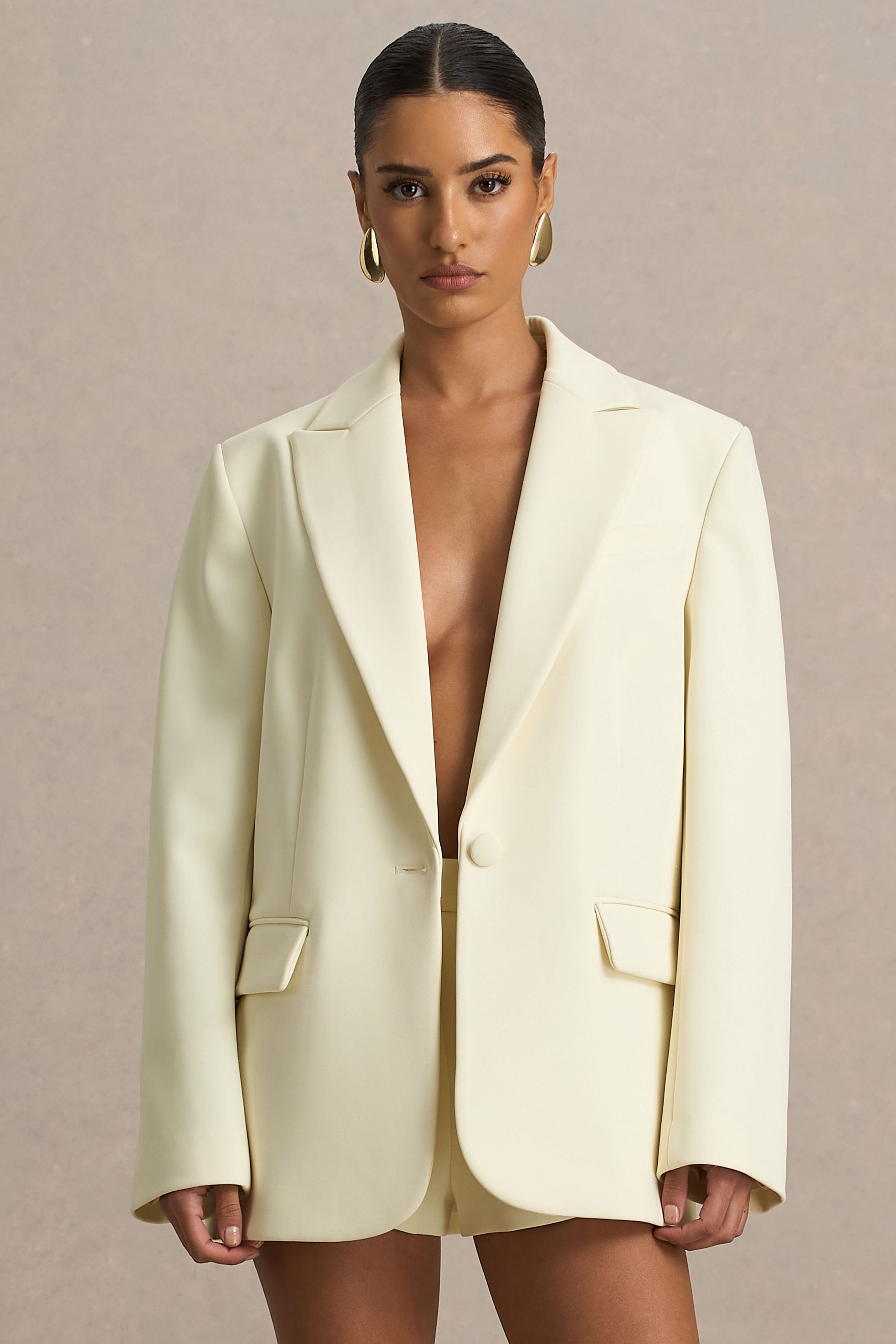 Katherine | Krema Düşük Yaka Klasik Blazer