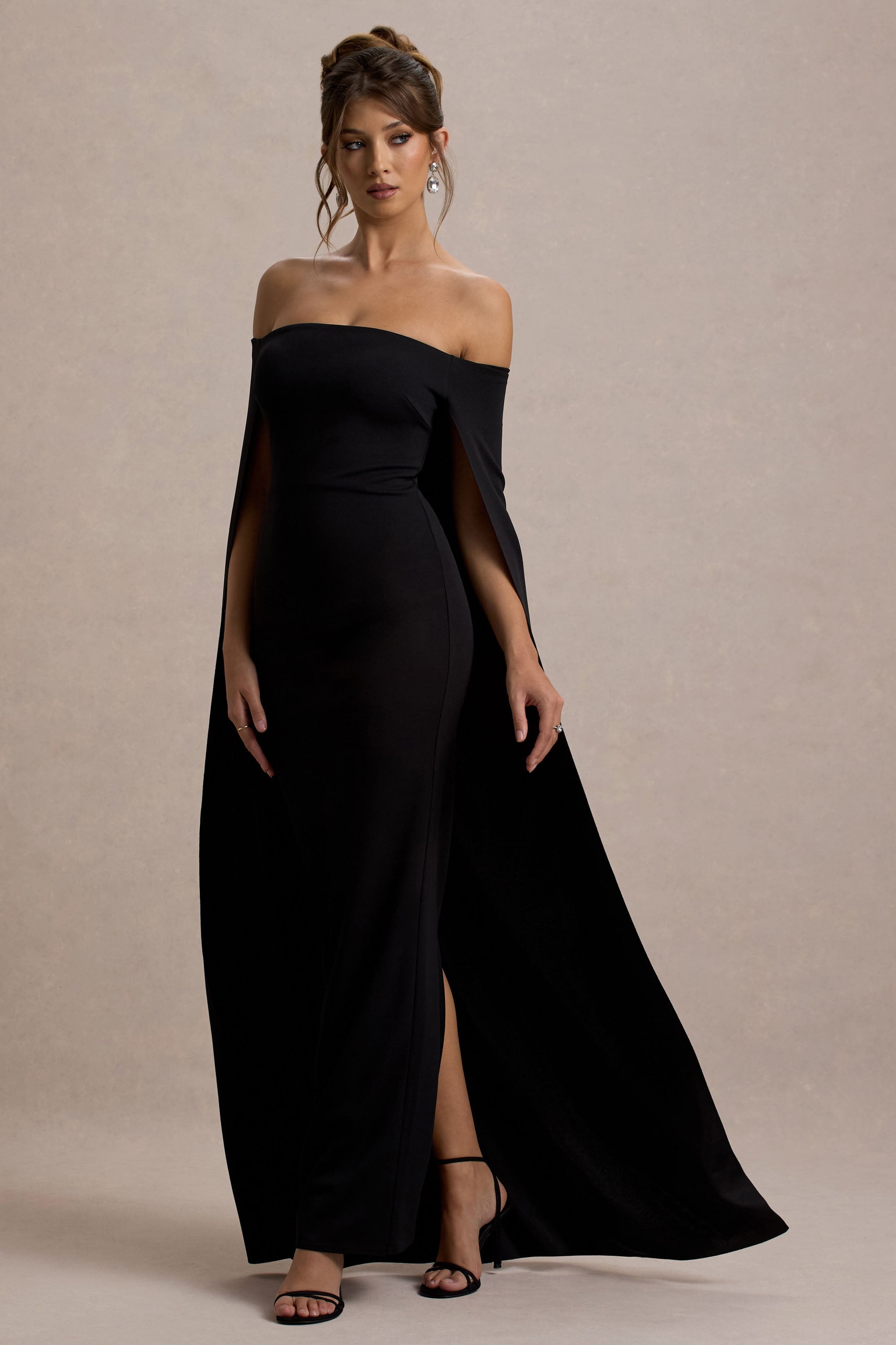 Genovia | Siyah Bardot Kape Maxi Elbise