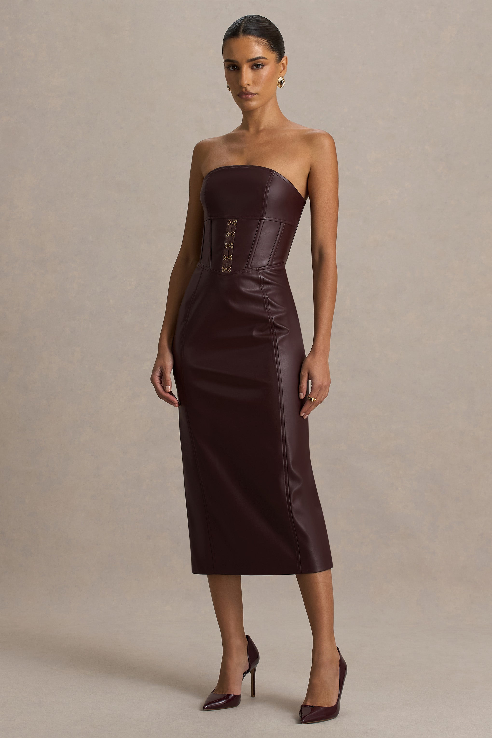 Zola | Bordo Suni Deri Bandeau Midi Elbise