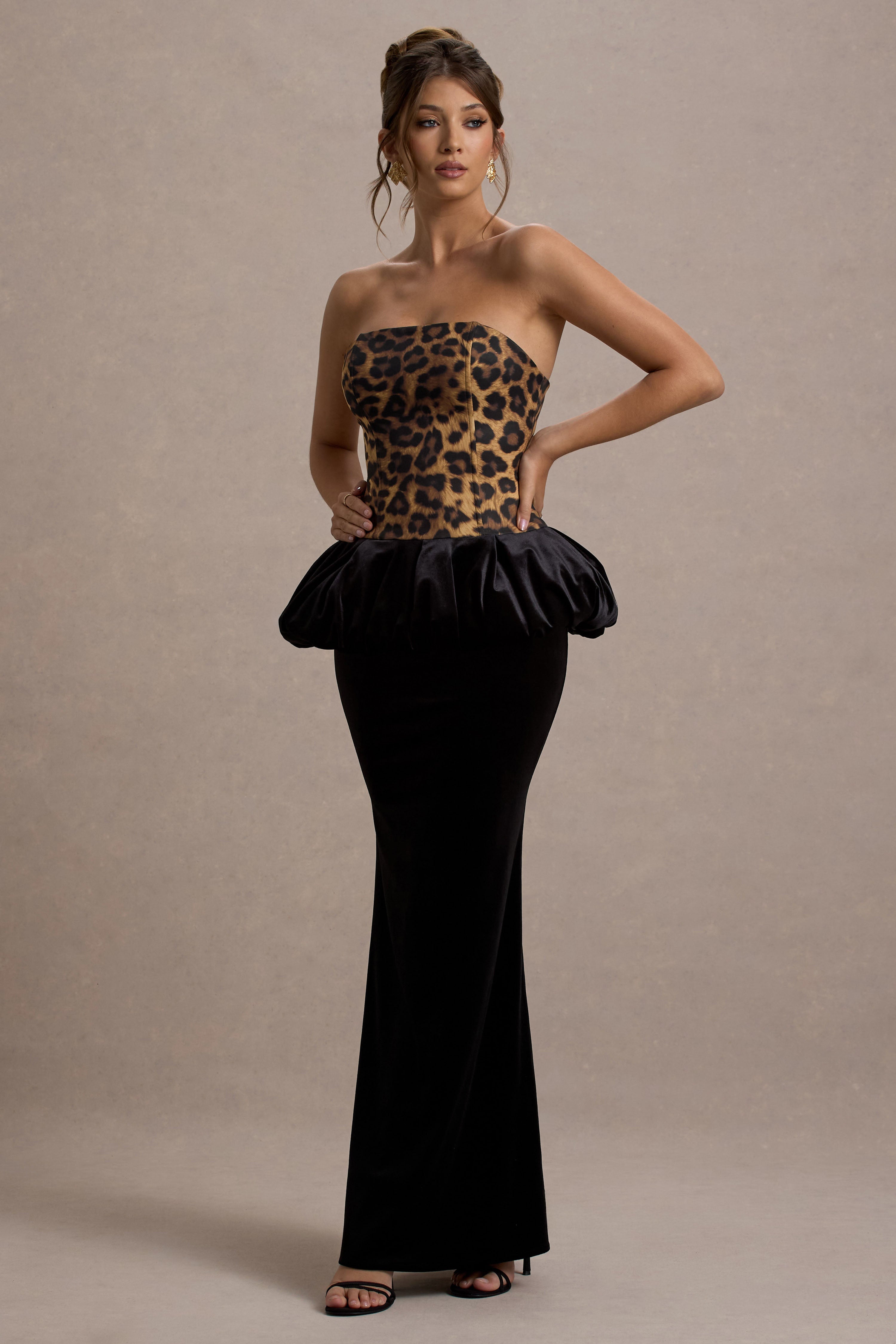 Harriette | Siyah Kadife Peplum Etekli Leopar Desenli Bandeau Maxi Elbise