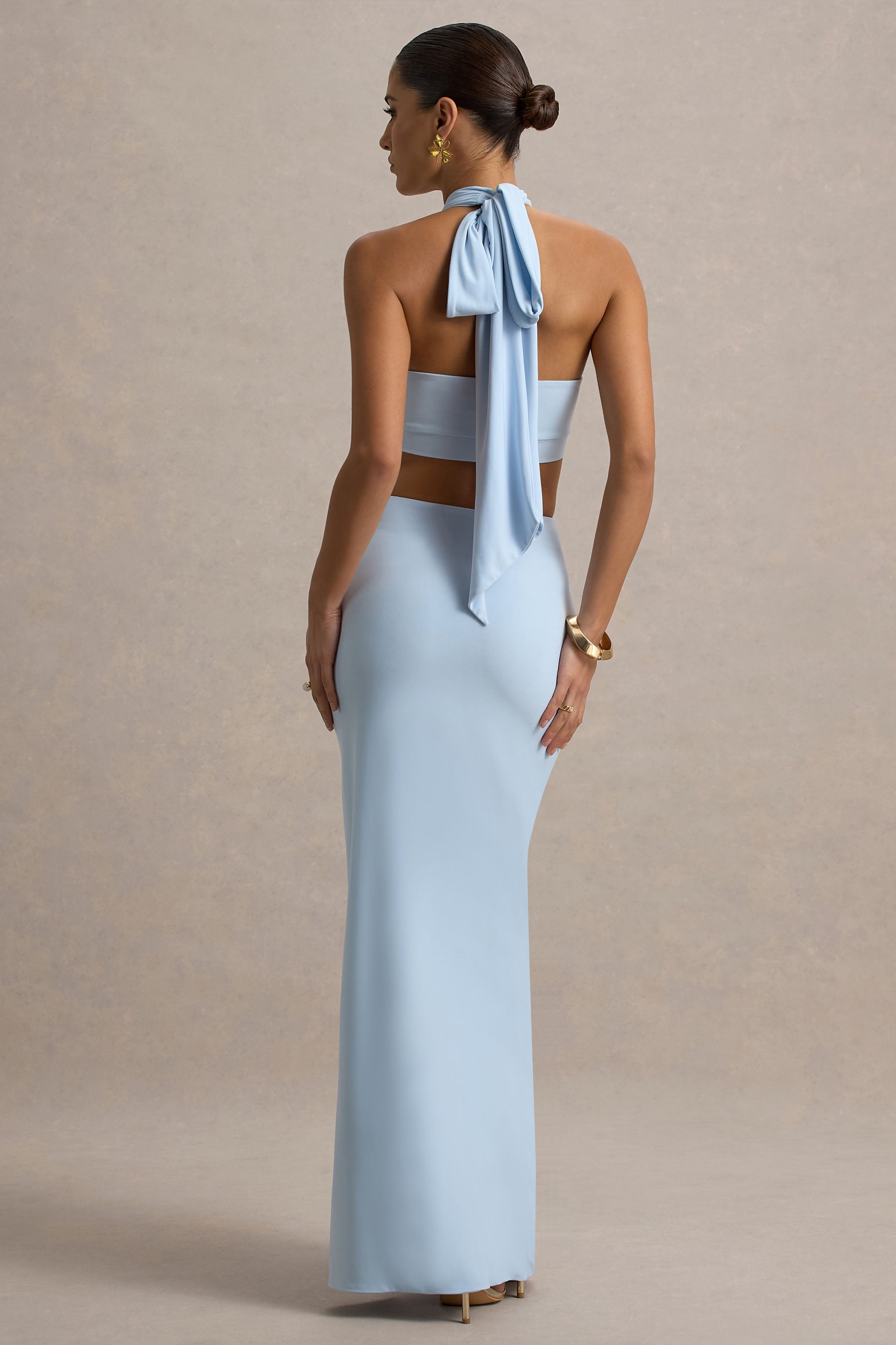 Aura | Pudra Mavisi Halter Yaka Kesik Maxi Elbise