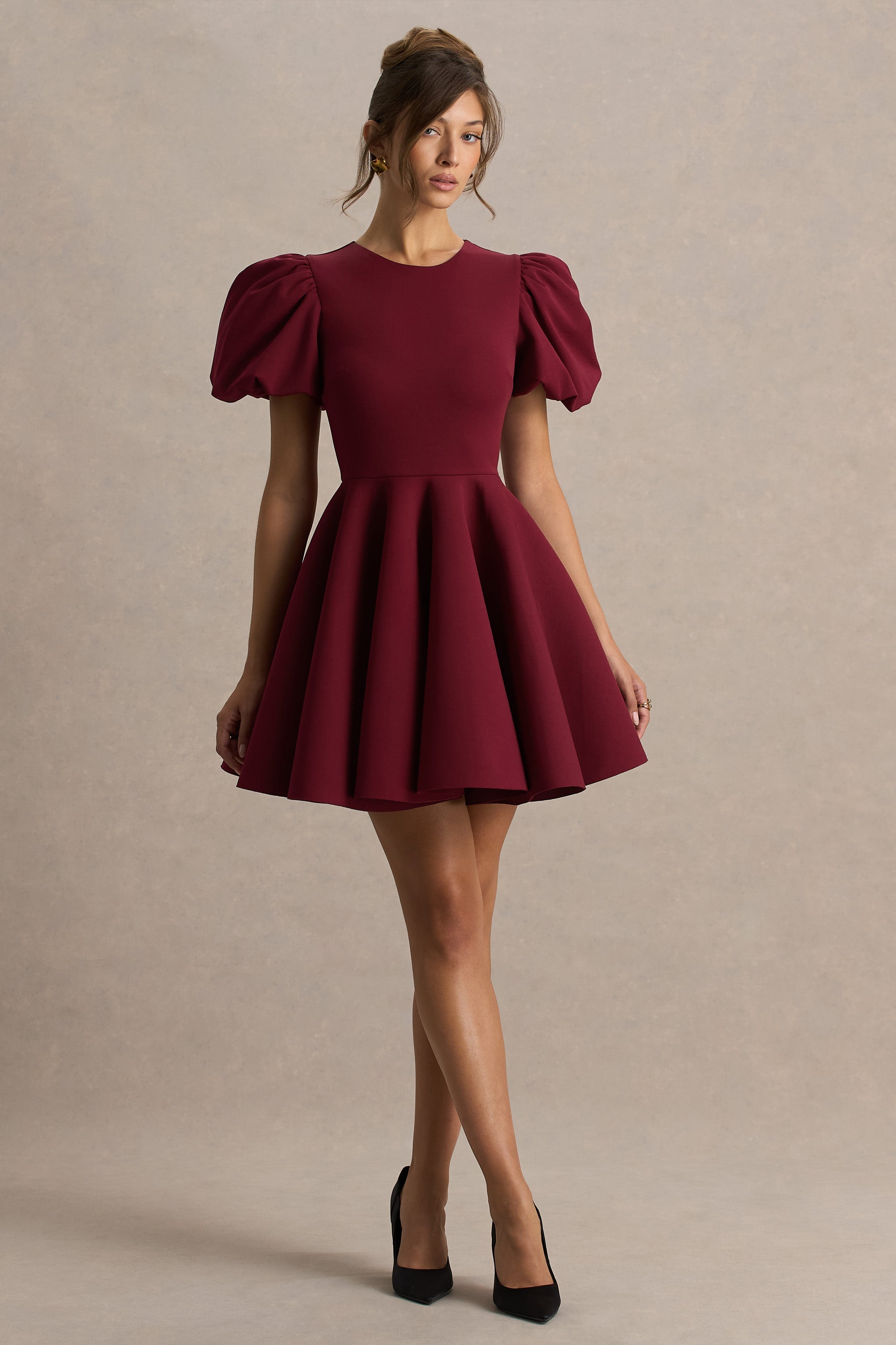 Emelia | Bordo Puff-Sleeve Skater Mini Elbise