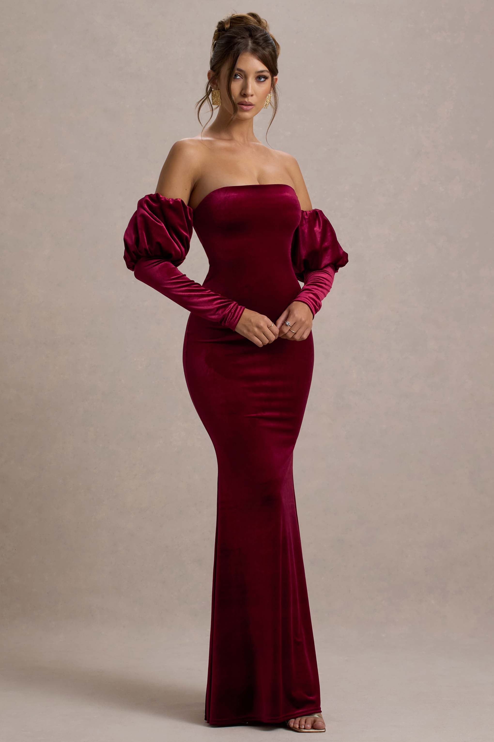Neoma | Berry Kadife Bardot Puff-Sleeve Maxi Elbise