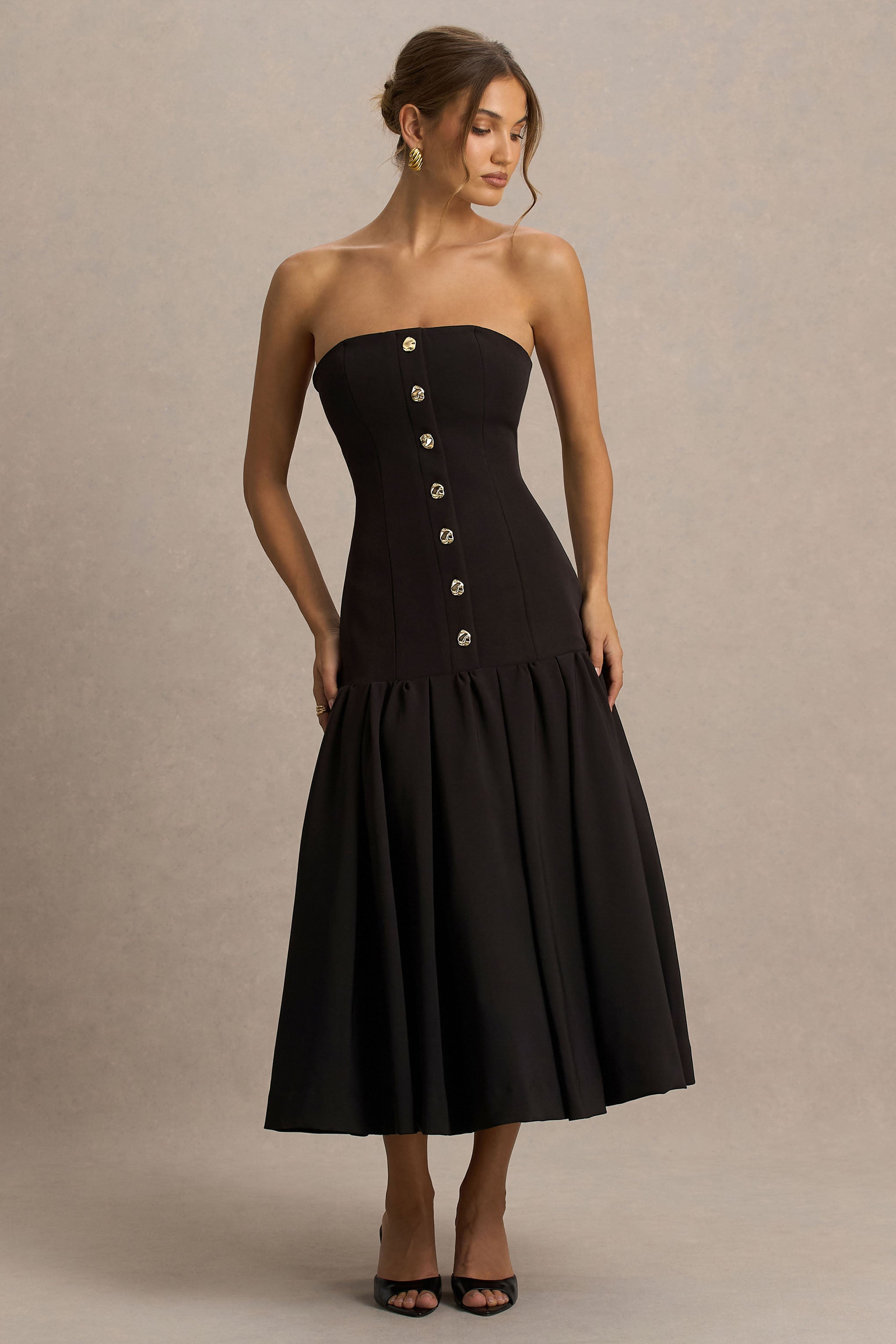 Briella | Altın Düğme Detaylı Siyah Bandeau Maxi Elbise