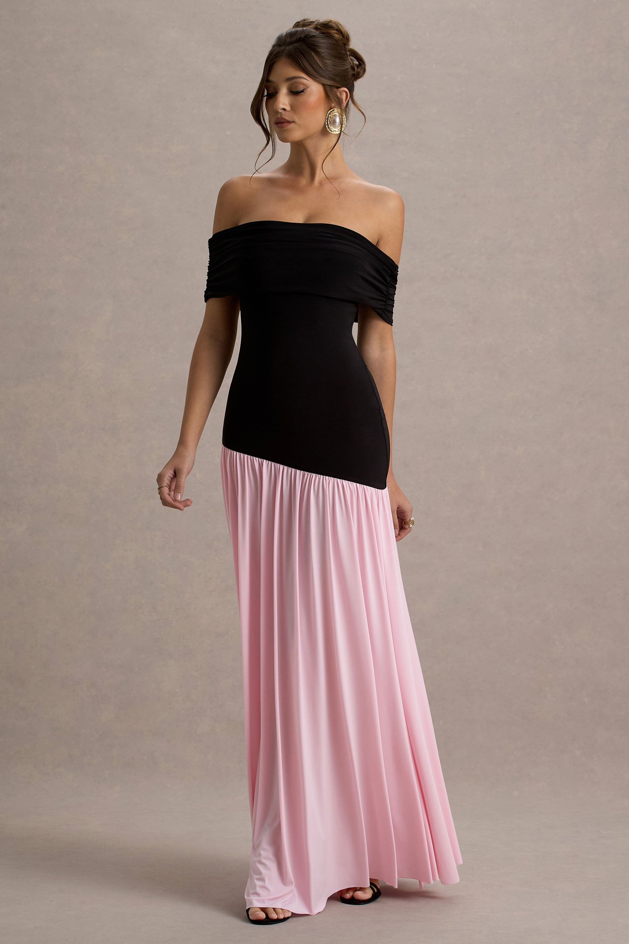 Venezia | Siyah & Pembe Bardot Puff-Etek Maxi Elbise
