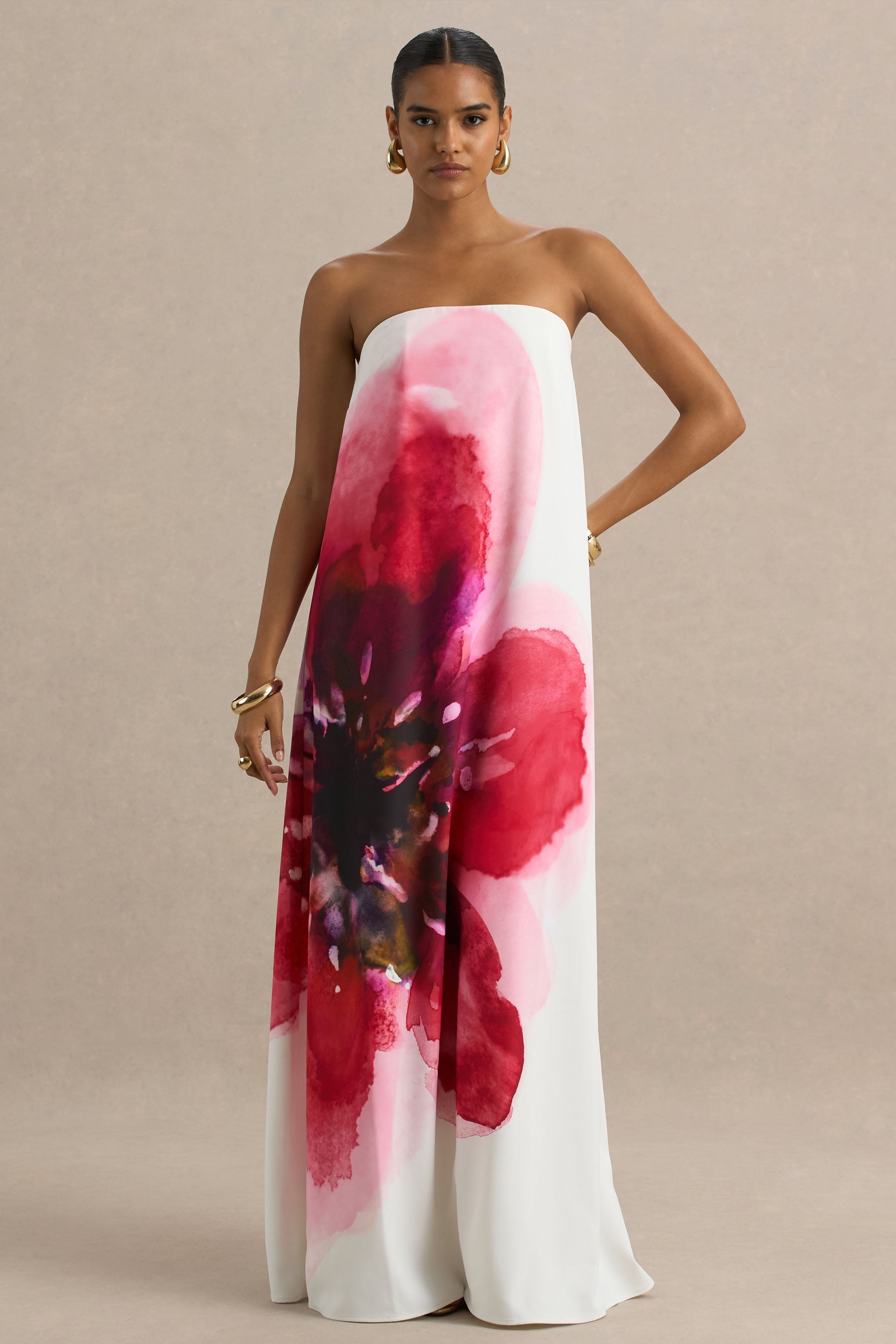 Breonna | Parlak Pembe Çiçek Desenli Bandeau Maxi Elbise