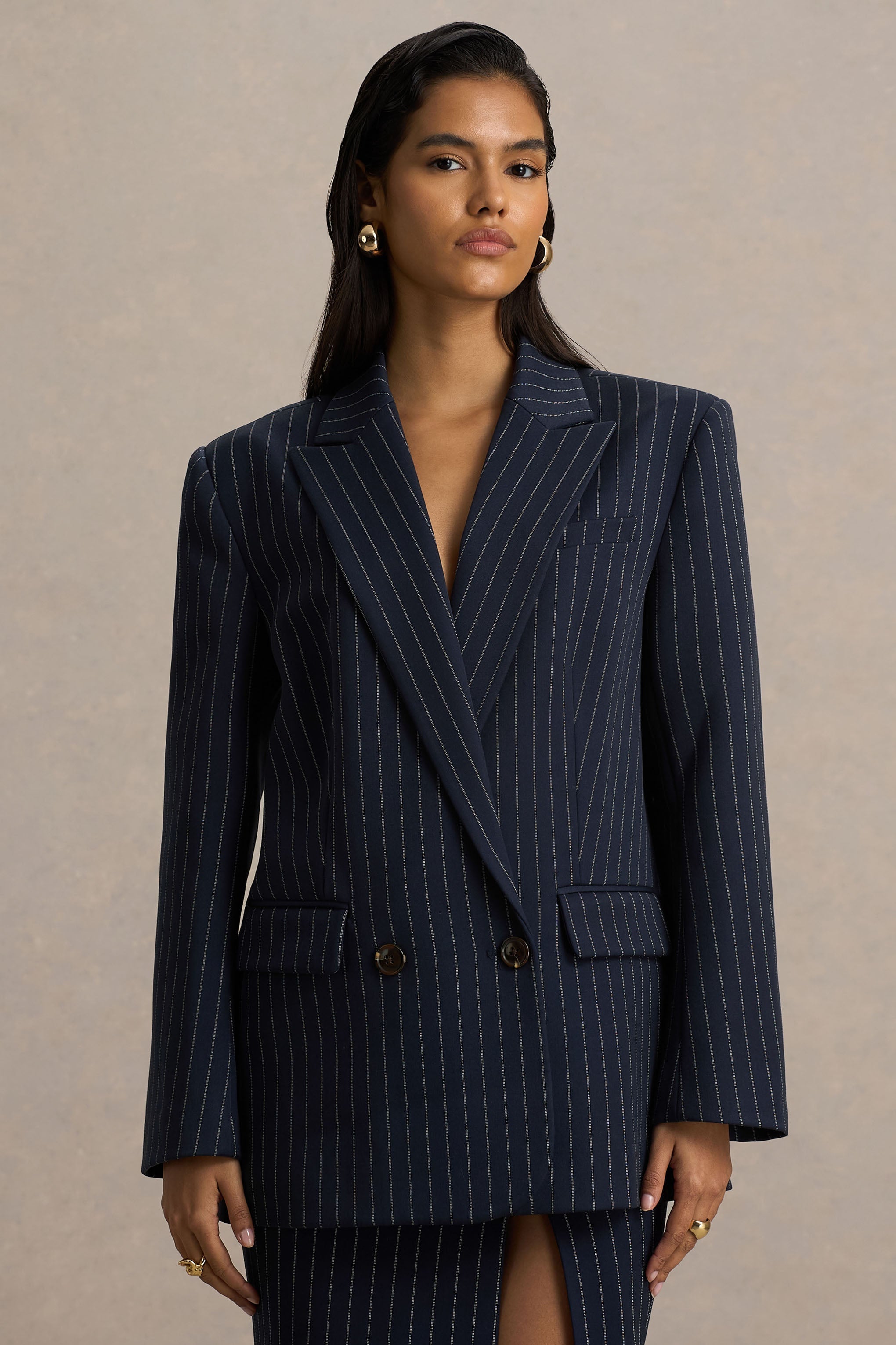 Alana | Lacivert Çizgili Derin Yaka Kesim Blazer