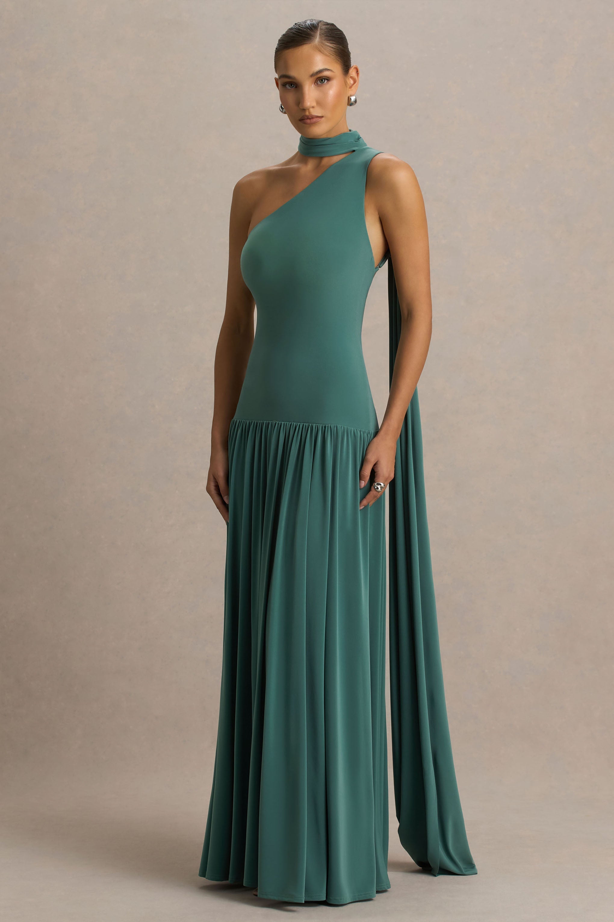 Freesia | Şal Detaylı Asimetrik Yaka Maxi Elbise - Teal
