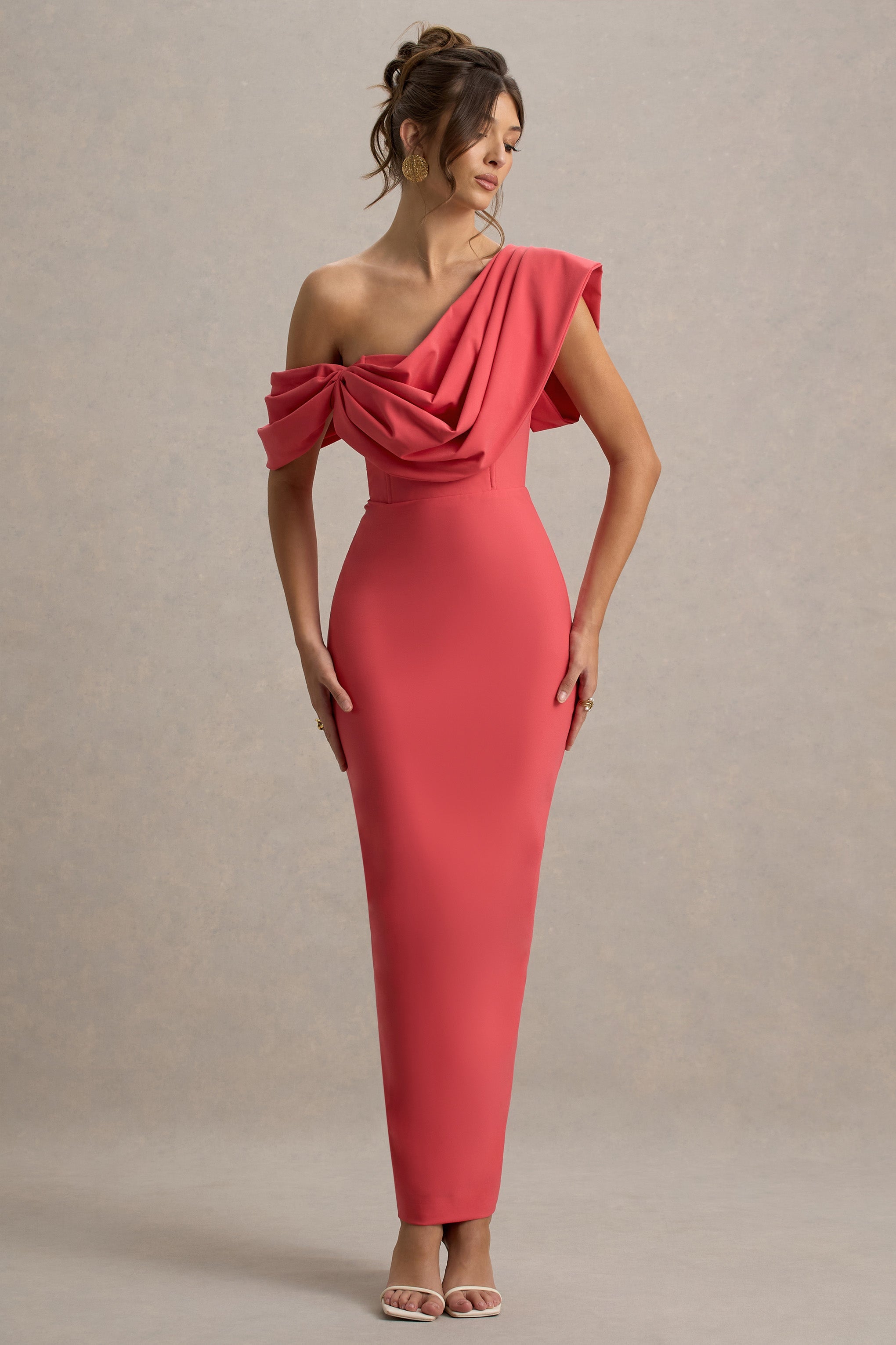 Angelina | Pembe Drapeli Omuz Maxi Elbise